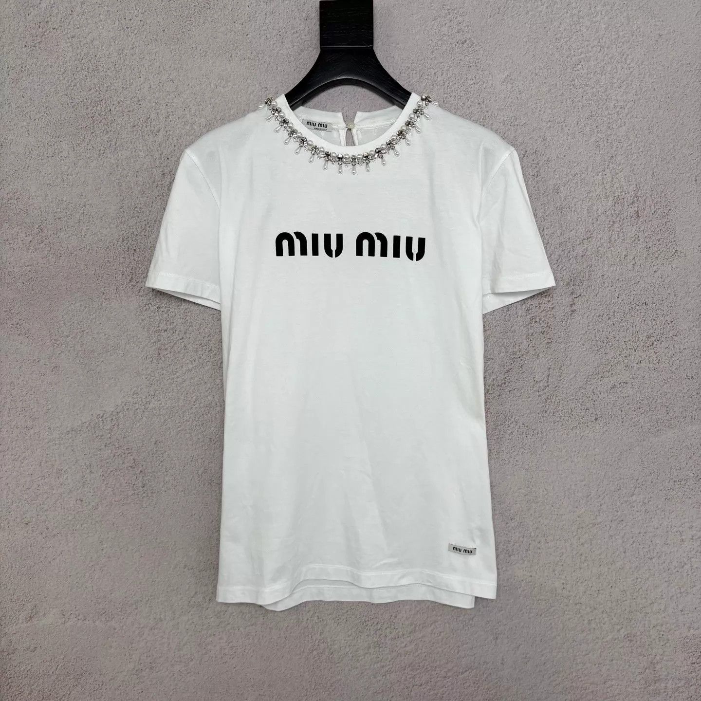 Miu Miu MIU MIU white crystal-pearl logo short-sleeve T-shirt Size L / US 10 / IT 46 - 1 Thumbnail