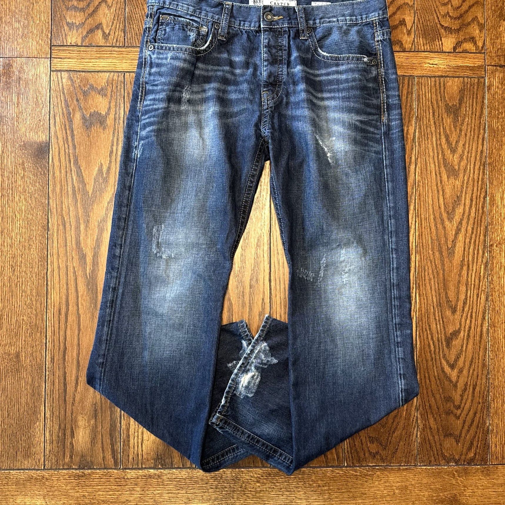 Vintage BKE Carter Jeans 35x33 Dark Wash Blue Denim Distressed Thick Stitch Straight Regular Mens Jeans Size US 28 / EU 44 - 2 Thumbnail