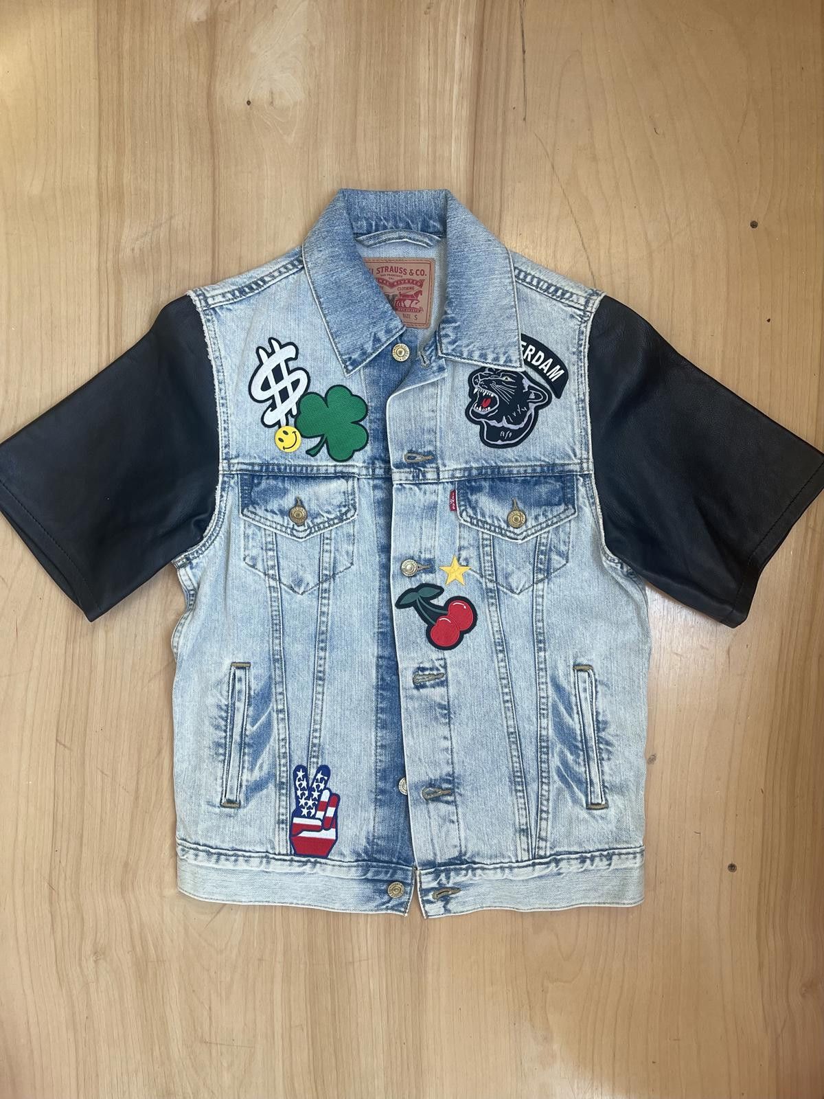 Levi's Reconstructed Leather Sleeve +Patch Denim Vest Mens S