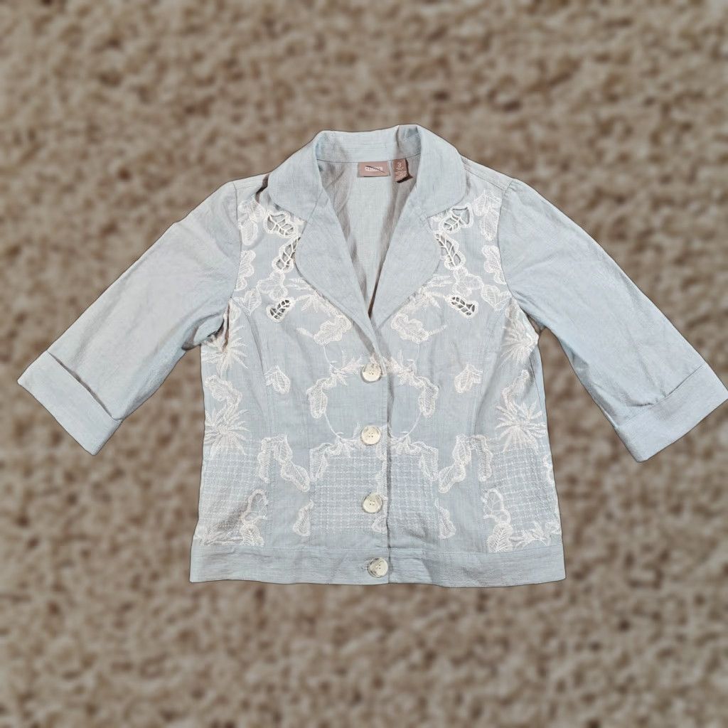 Vintage Chico's Blouse Womens XL Blue White Crochet Embroidered V-Neck Short Sleeve Casual Cottage Classic Size XL / US 12-14 / IT 48-50 - 1 Thumbnail