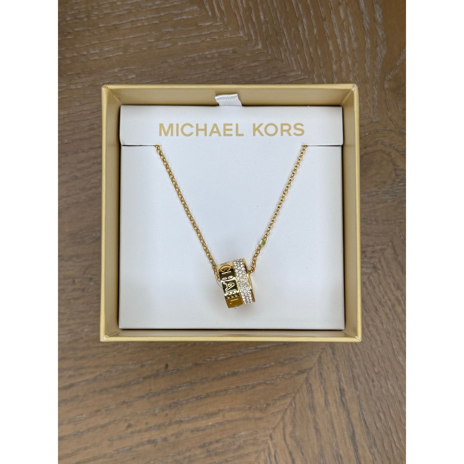 Michael Kors Michael Kors Gold Tone Barrel Pendant Necklace Crystal Logo Size ONE SIZE - 1 Thumbnail