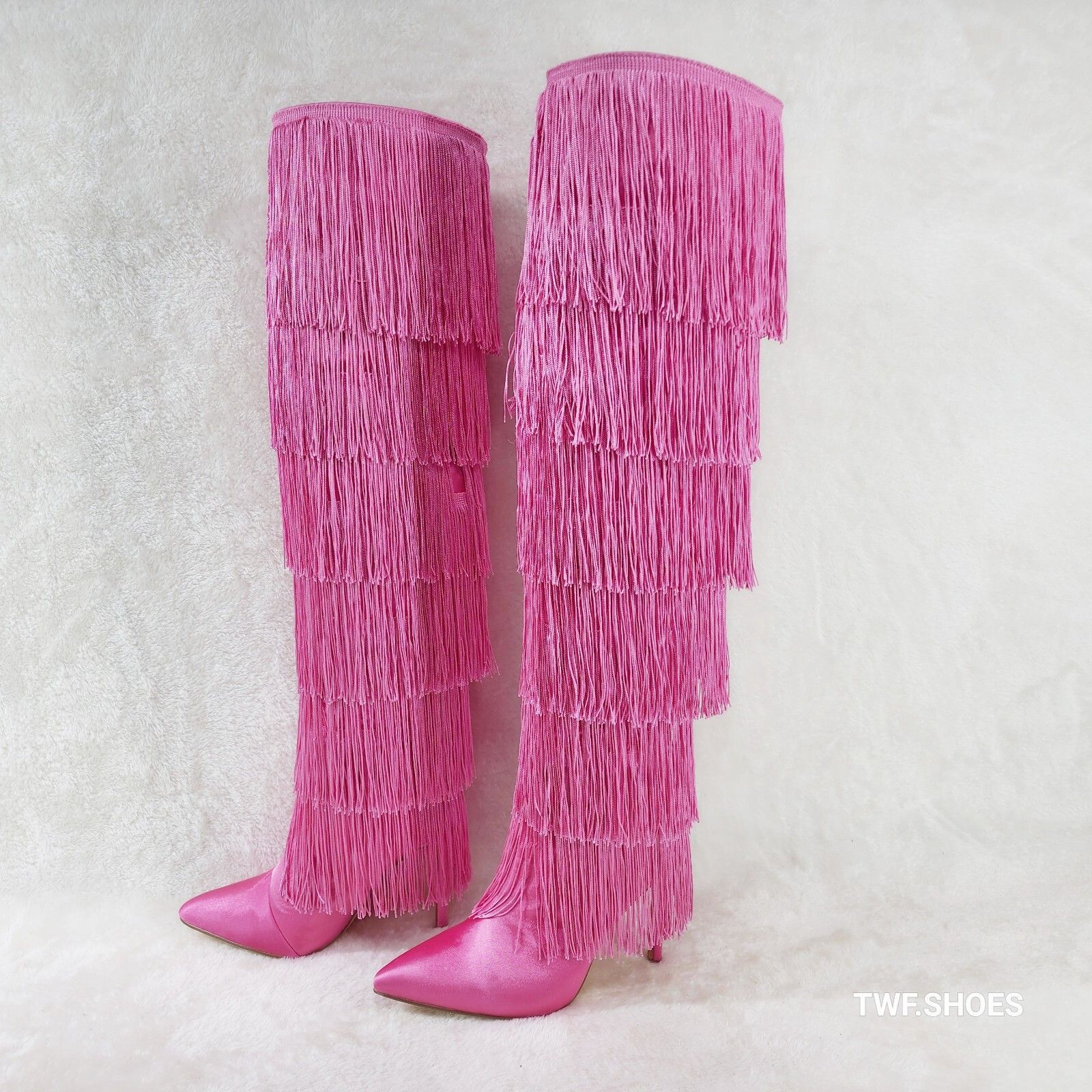 Other Gogo Fringed Thread Tassle OTK Thigh High Pink Satin High He Size US 8.5 / IT 38.5 - 2 Thumbnail