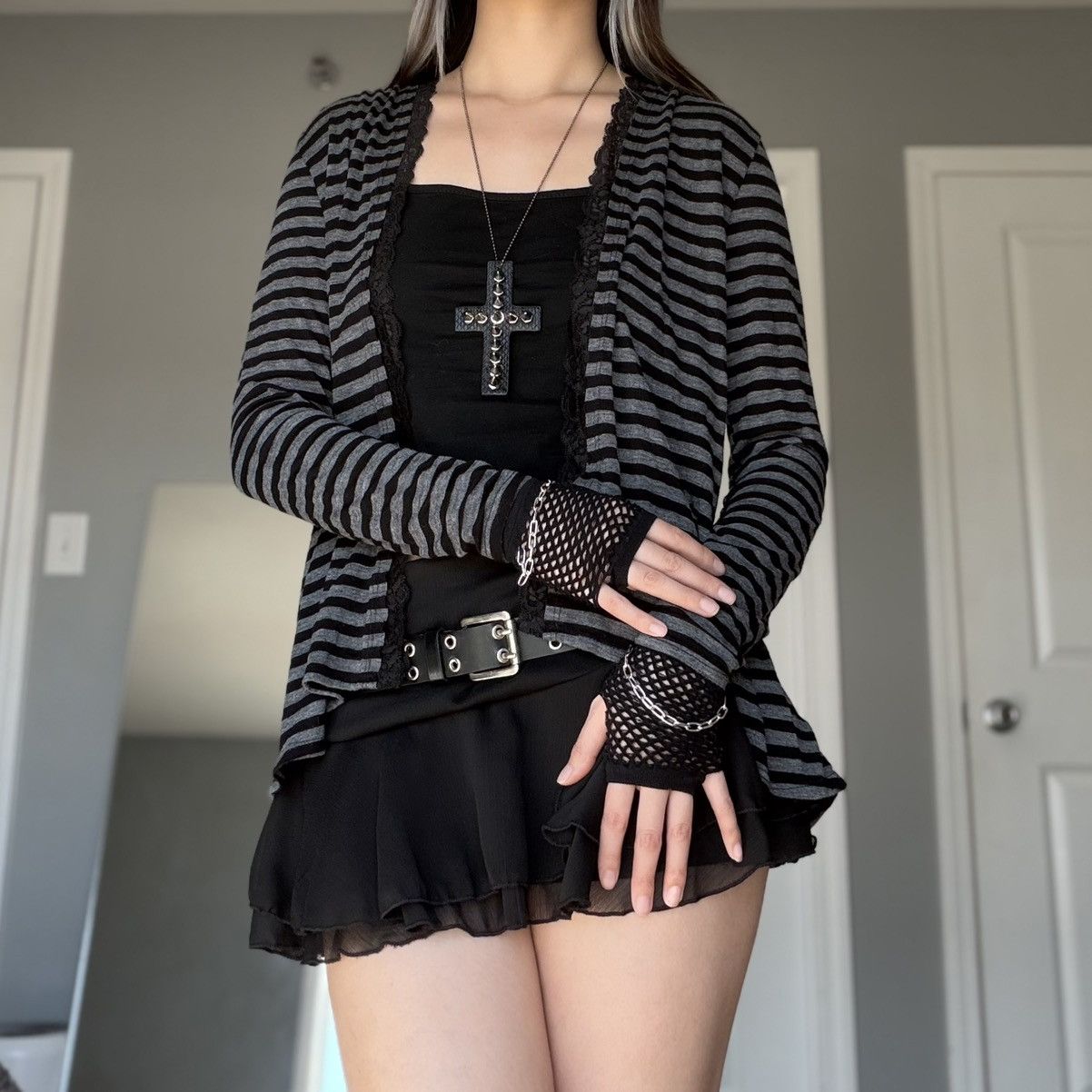 Other Mall Goth Black & Gray Striped Open Front Lace Trim Cardigan Size M / US 6-8 / IT 42-44 - 10 Thumbnail