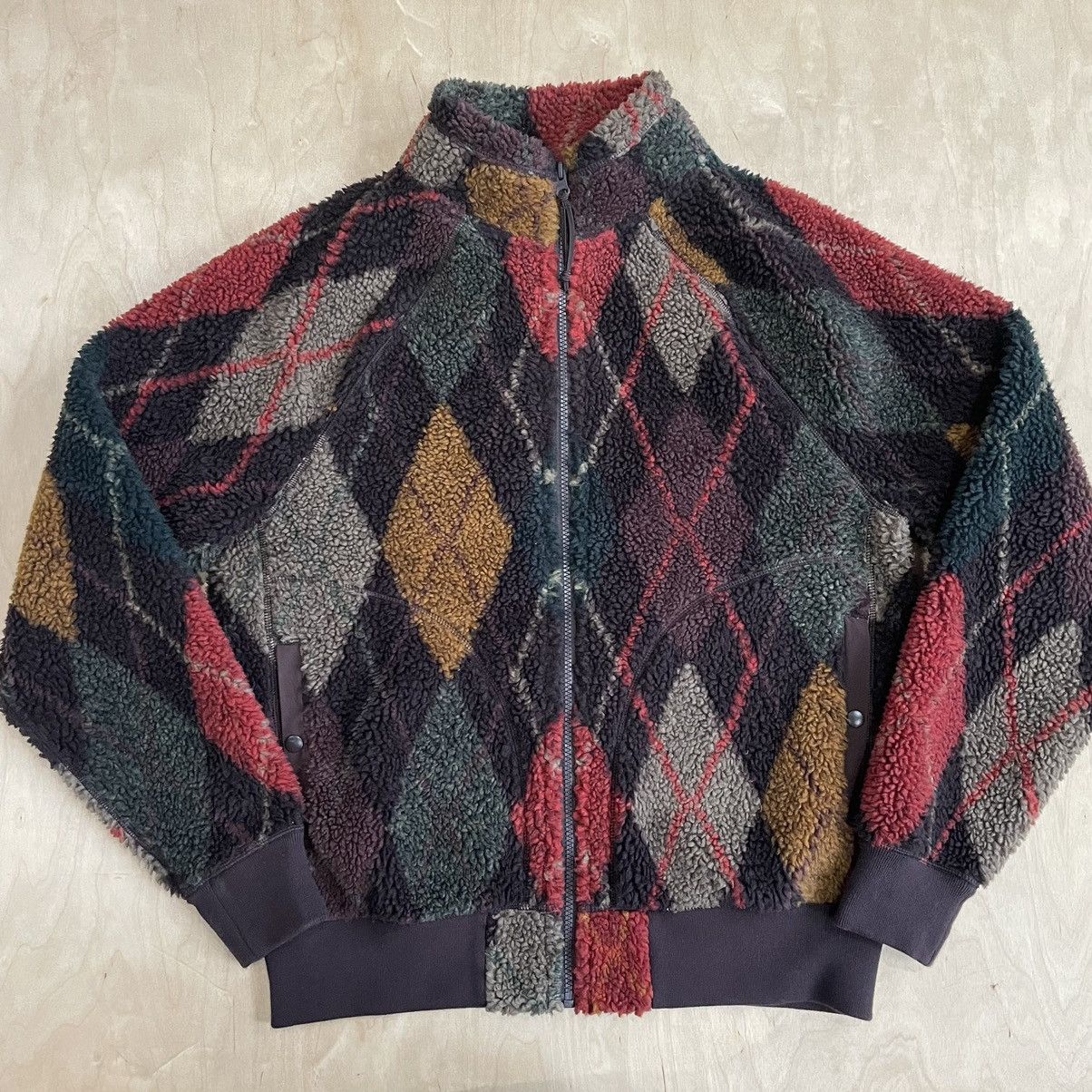 image of J Crew Nordic Sherpa Fleece Jacket Mixed Argyle Zip Up Jacket in Brown, Men's (Size Medium)