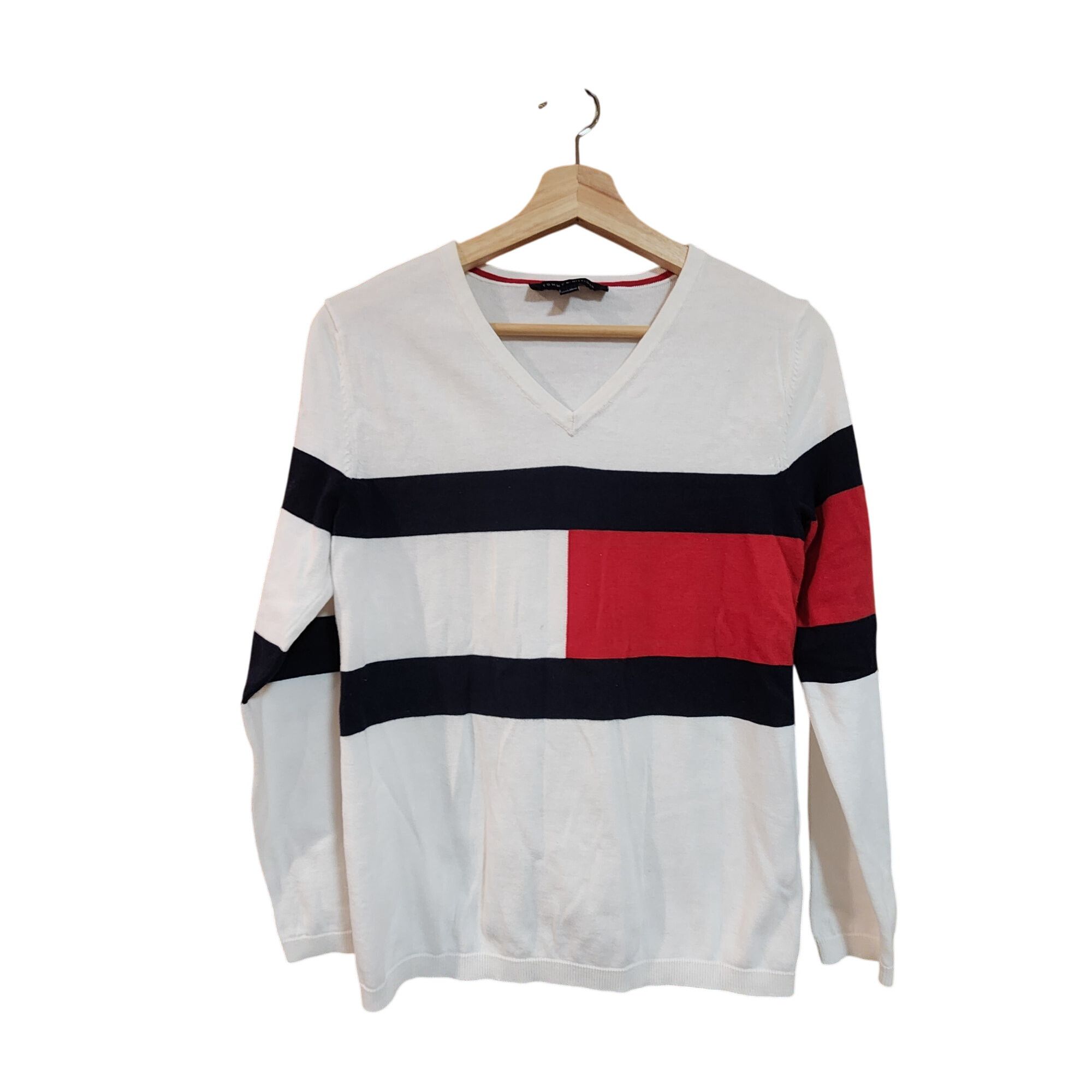 Tommy Hilfiger Tommy Hilfiger womens Colorblock V-Neck Sweater S White Red Size S / US 4 / IT 40 - 1 Thumbnail