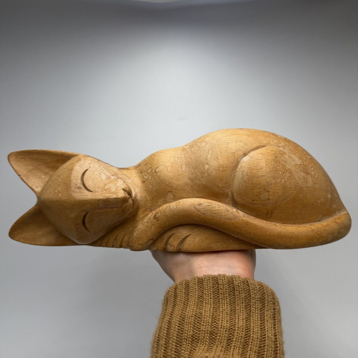 Vintage Vintage Hand Carved Solid Wood Sleeping Cat Figurine 27cm Size ONE SIZE - 1 Thumbnail