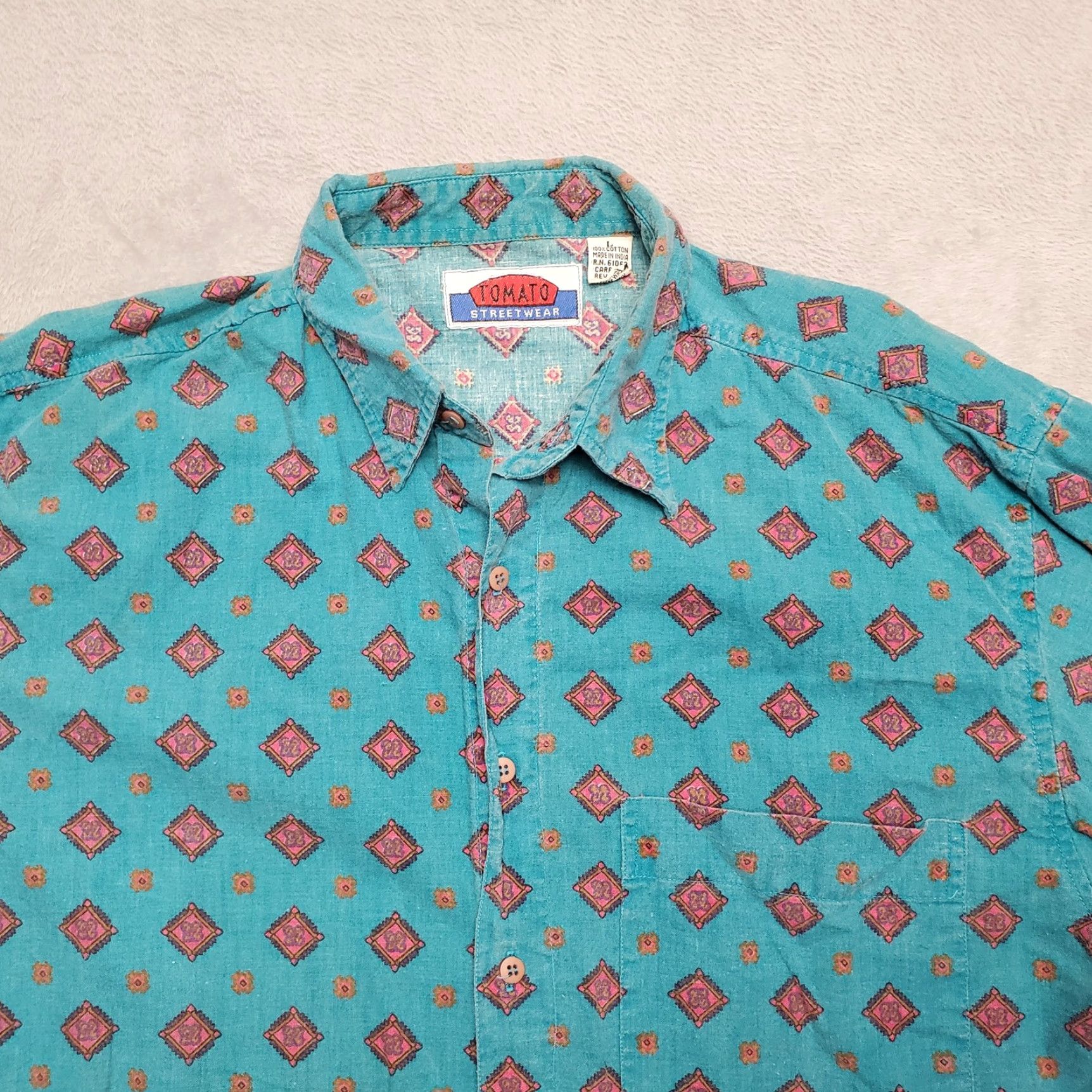 Vintage VINTAGE Tomato Streetwear Shirt Mens Large Green Geometric 100% Cotton 90s Y2K Polo Casual Mens Size US L / EU 52-54 / 3 - 2 Thumbnail