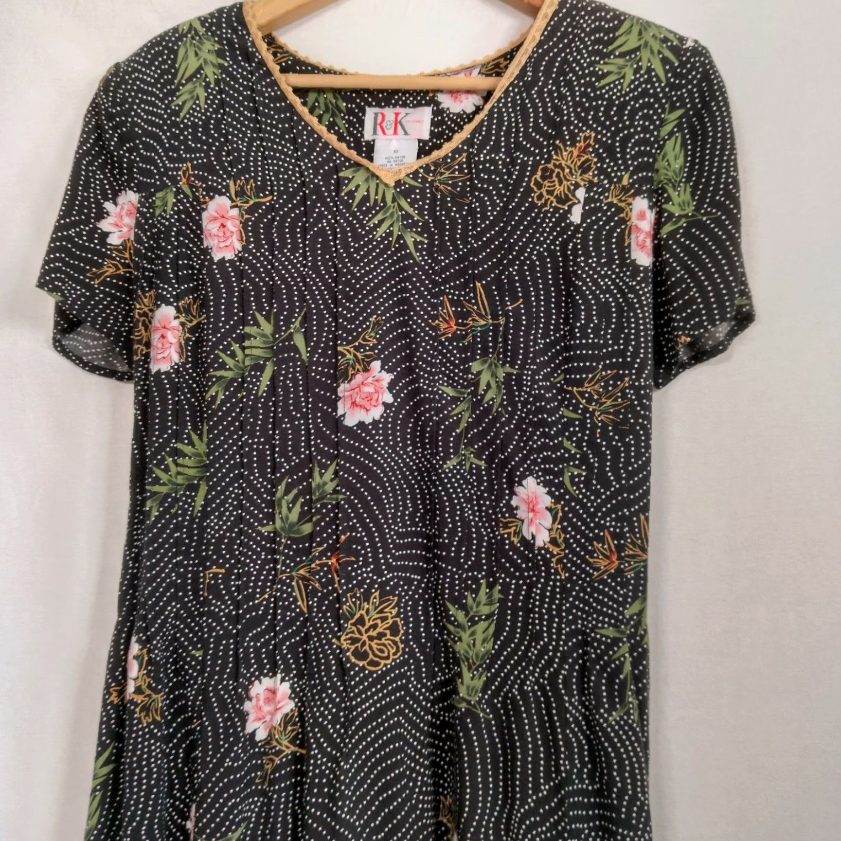 Vintage VINTAGE 1990s R&K Originals Maxi Dress Black Polka Dot Pink Floral Rayon Long Size L / US 10 / IT 46 - 2 Thumbnail