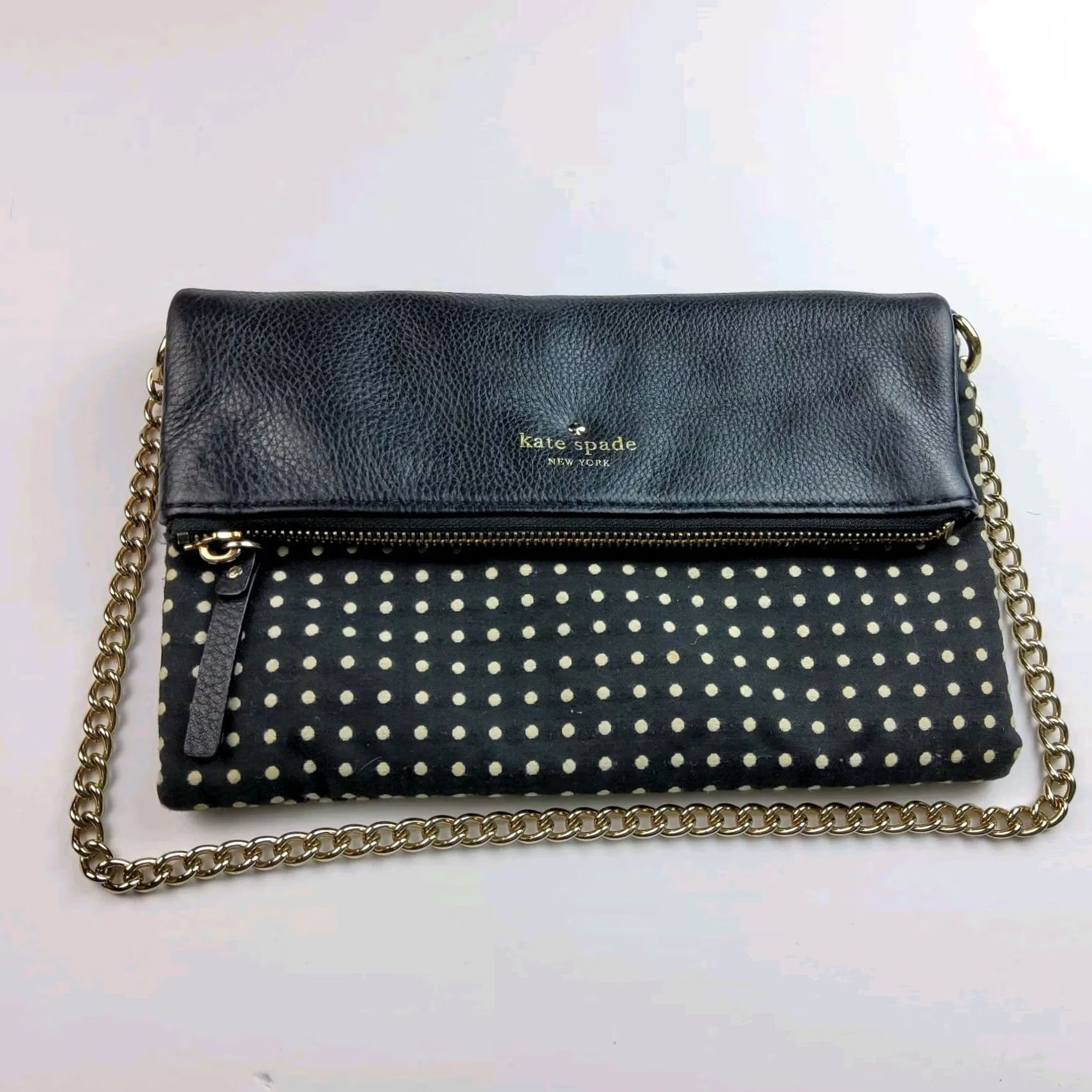 Vintage Kate Spade NY Foldover Polka Dot Chain Strap Shoulder Handbag Purse Black Leather Fabric Women Shoulder Bag Size ONE SIZE - 2 Thumbnail
