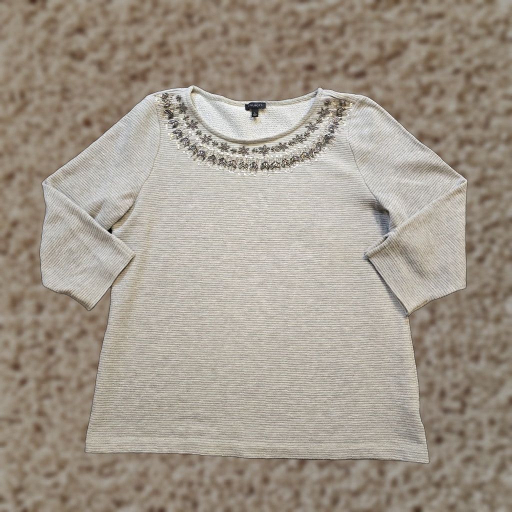Talbots Talbots Sweater Women L Gray Striped Knit Beaded Sequins 3/4 Sleeve Round Neck Casual Career All Seasons Pullover Womens Size L / US 10 / IT 46 - 1 Thumbnail