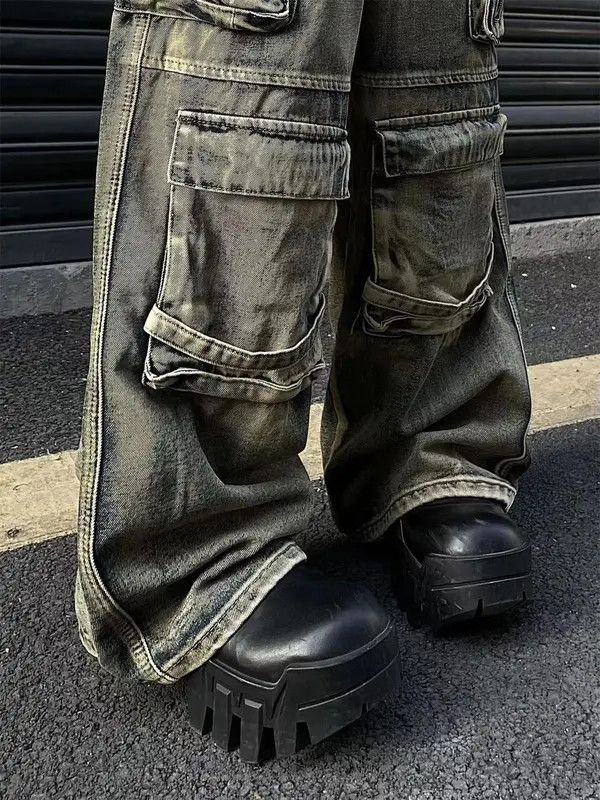 Jean Khaki Baggy / Chunky Bleached Cargo Wide Leg Jeans Size US 33 - 6 Thumbnail