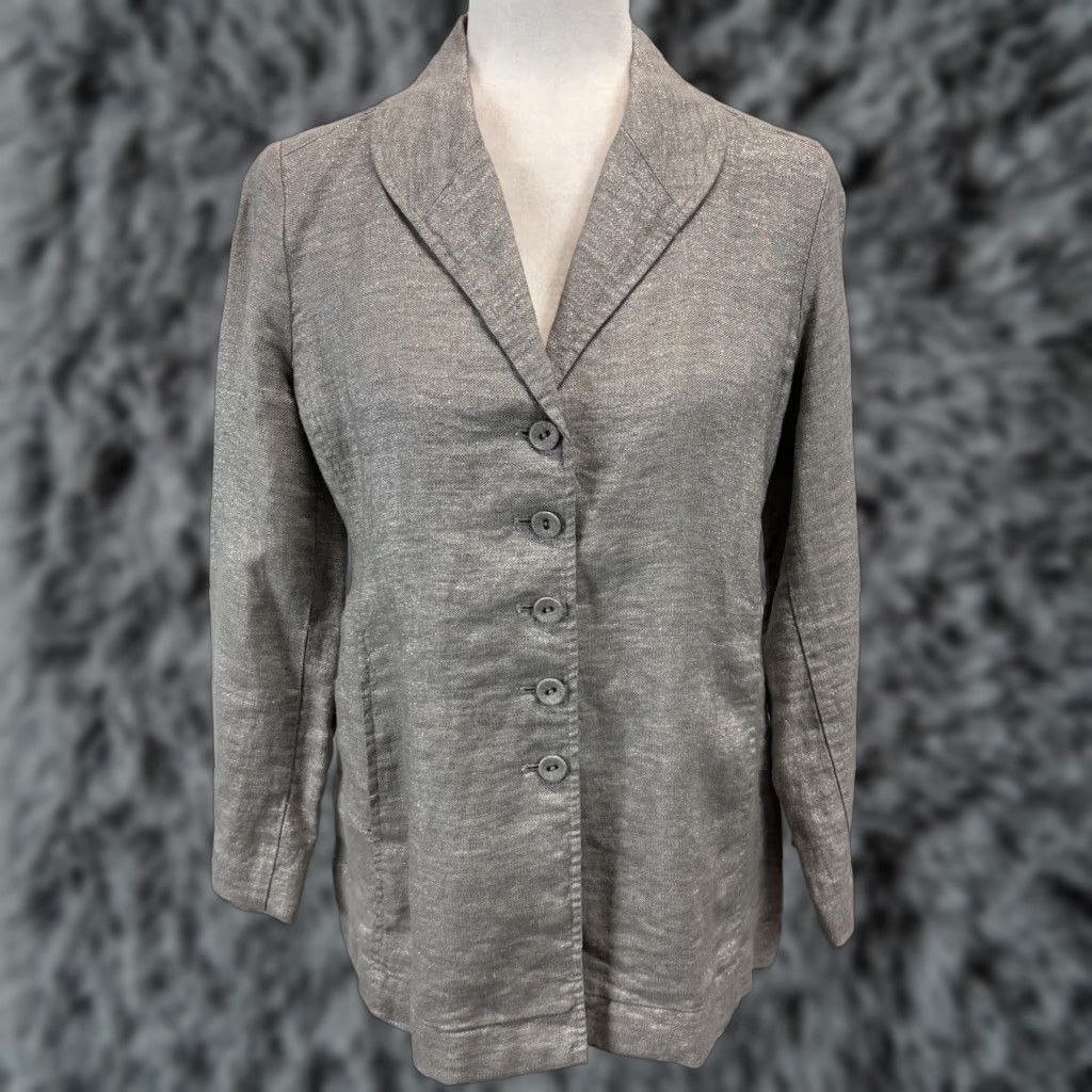 Eileen Fisher Eileen Fisher Twinkle Linen Blazer Jacket Small Petite Sp Metallic Womens PS Silver Blazer Linen Blend Metal Size S / US 4 / IT 40 - 1 Thumbnail