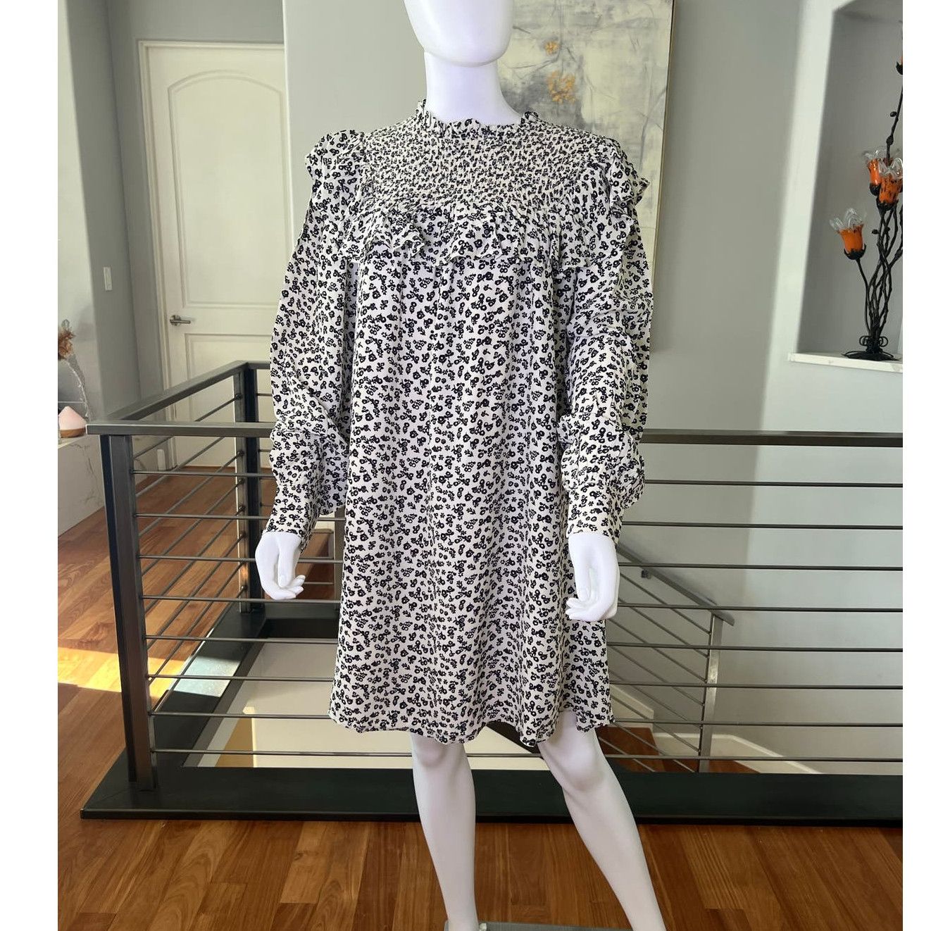 image of Scotch Soda Scotch & Soda Floral Smocked Ruffle Shift Dress in Black, Women's (Size Medium)