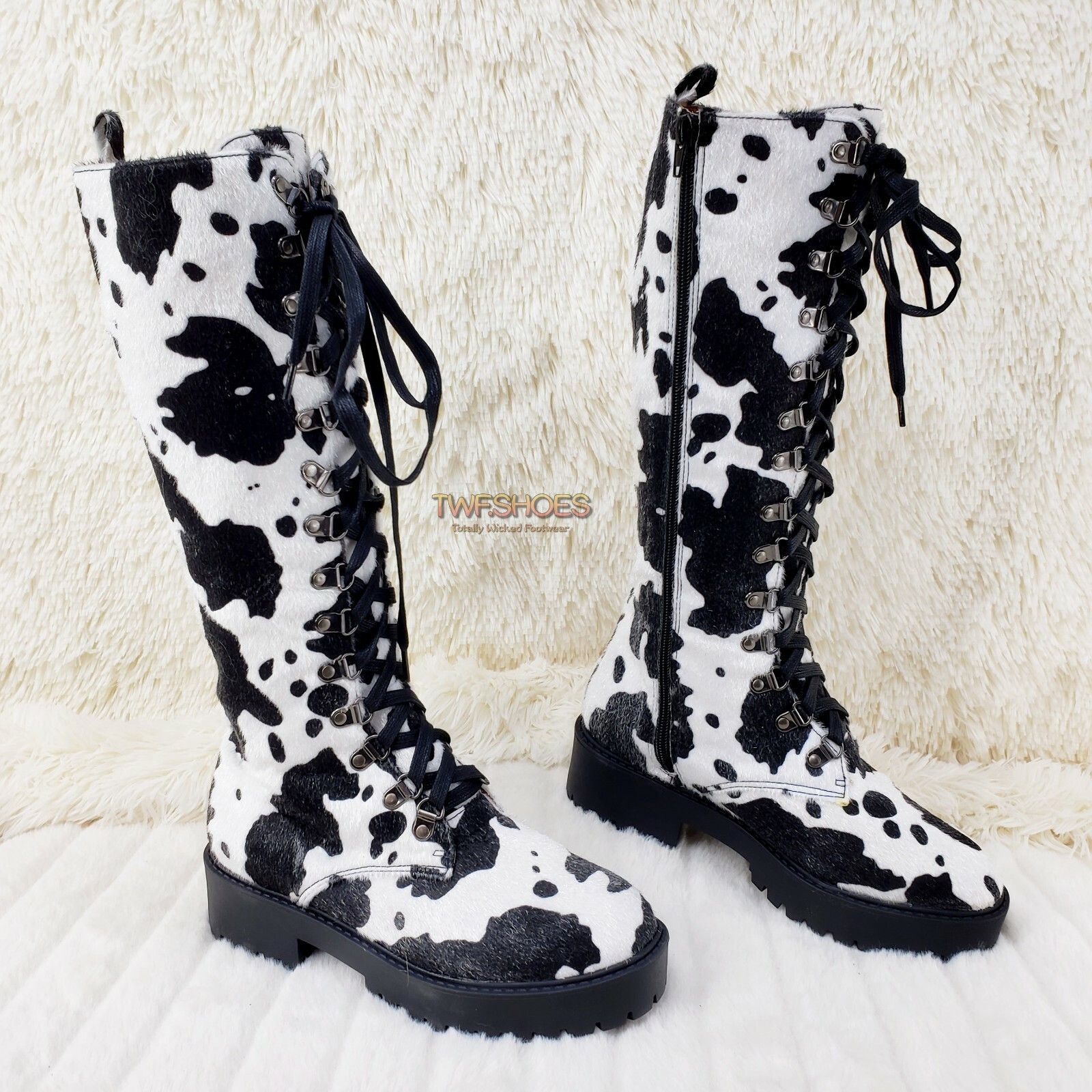 Other Savage Goth Punk Rock Faux Cow Fur Lace Up Platform Combat K Size US 6 / IT 36 - 1 Thumbnail