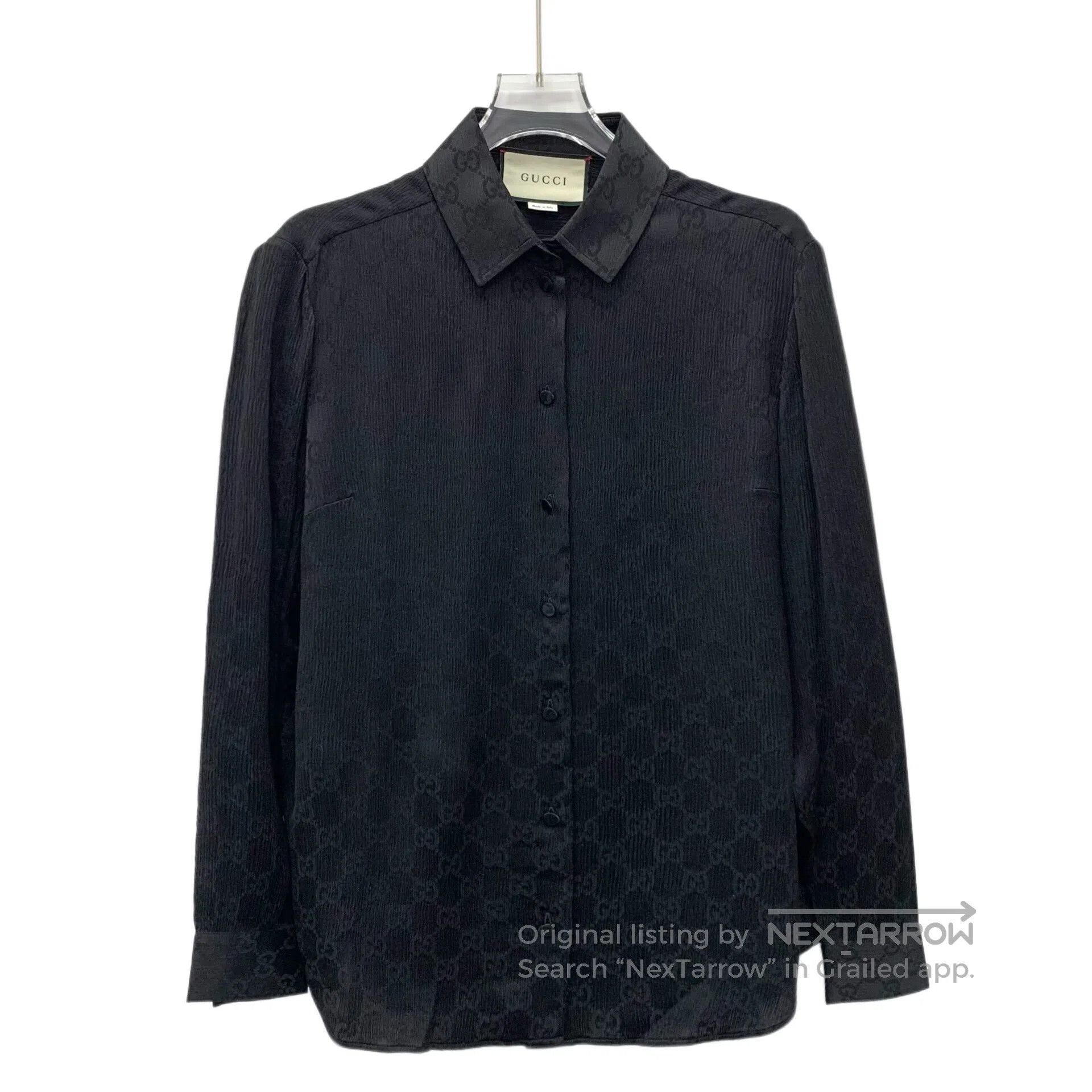 Gucci Guicci Black logo textured jacquard mulberry silk collar s Size S / US 4 / IT 40 - 1 Thumbnail
