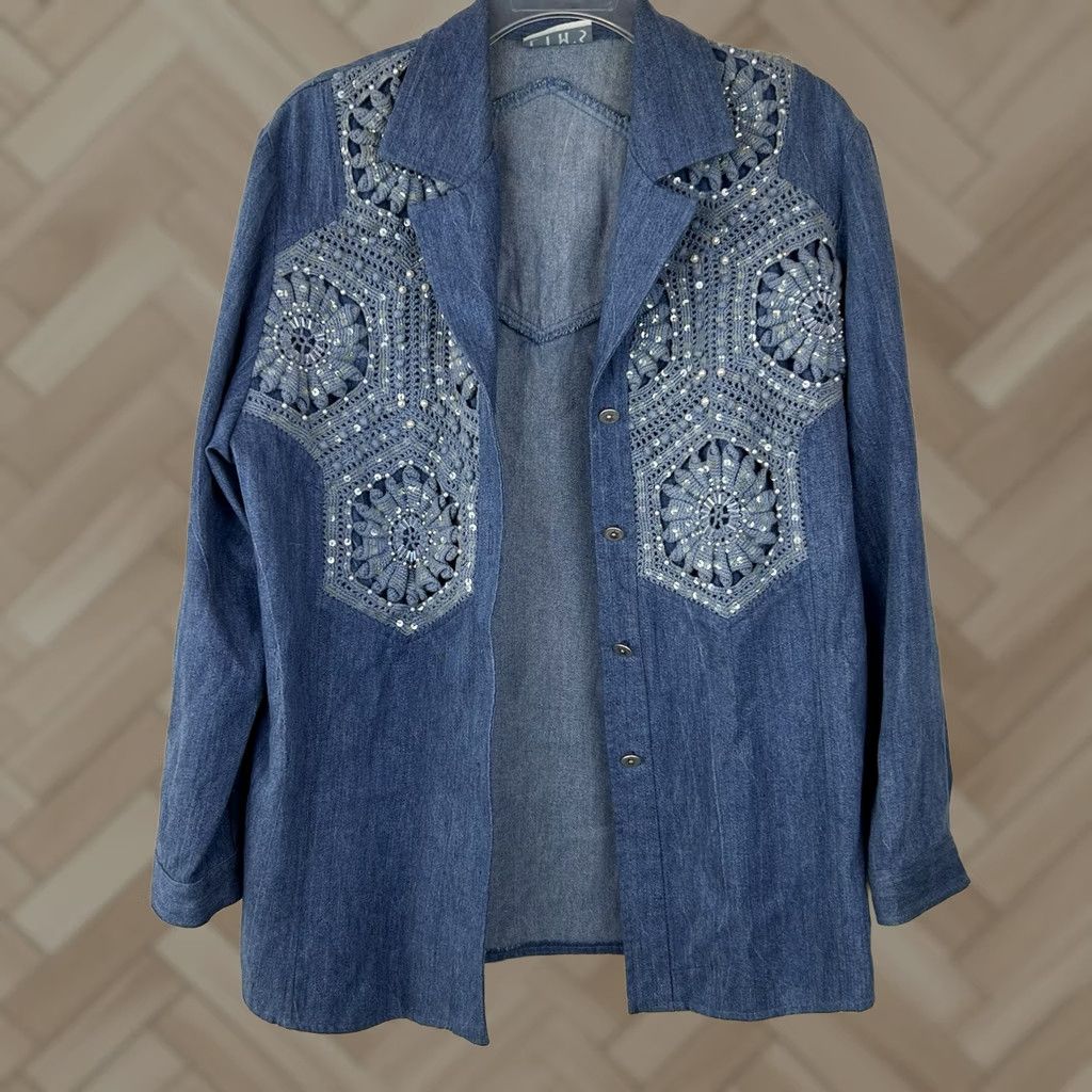 Vintage VINTAGE LIM'S Denim Shirt Button-Up Womens L Embroidered Cats Cottagecore Size L / US 10 / IT 46 - 1 Thumbnail