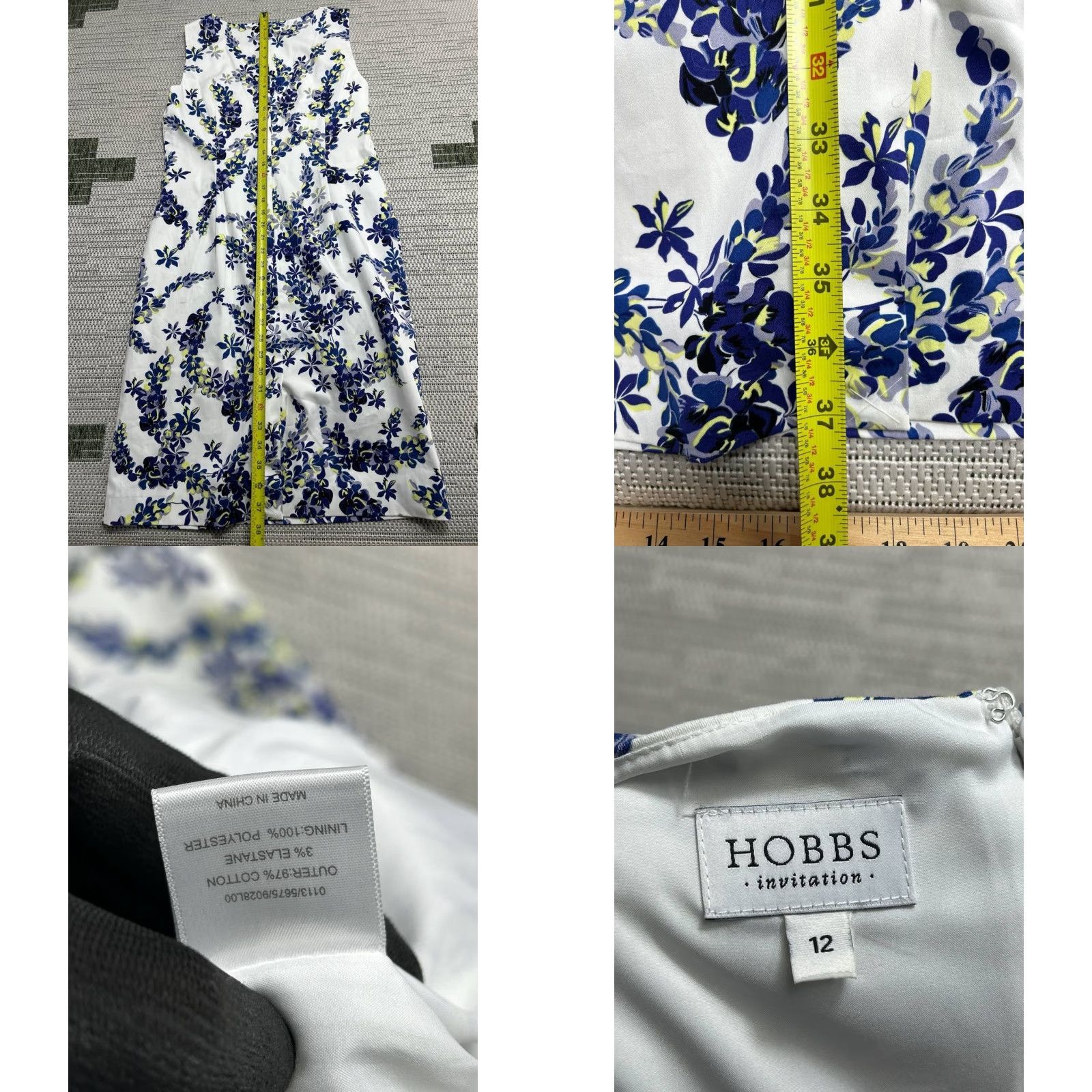 Vintage Hobbs Pencil Dress Womens 12 White Back Zip Stretch Floral Print Size XL / US 12-14 / IT 48-50 - 8 Thumbnail
