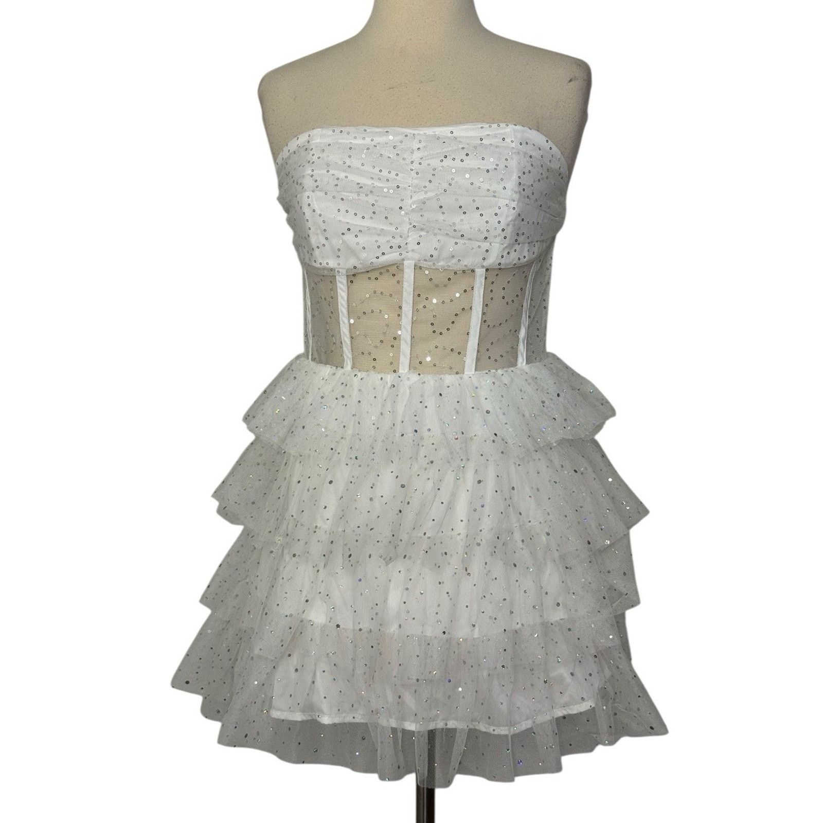 Other Iridescent Sparkly Tiered Tulle Mini Dress Mesh Corset Boned Size L / US 10 / IT 46 - 3 Thumbnail