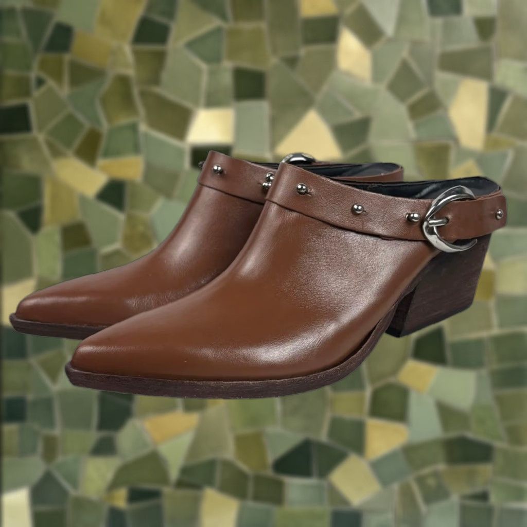 Vintage Golo Women's Woody Studded Leather Mule Booties Bootie 8 Cognac Brown High Heel 3" Casual Fall Spring Bohemian Southwestern Womens Size US 8 / IT 38 - 1 Thumbnail