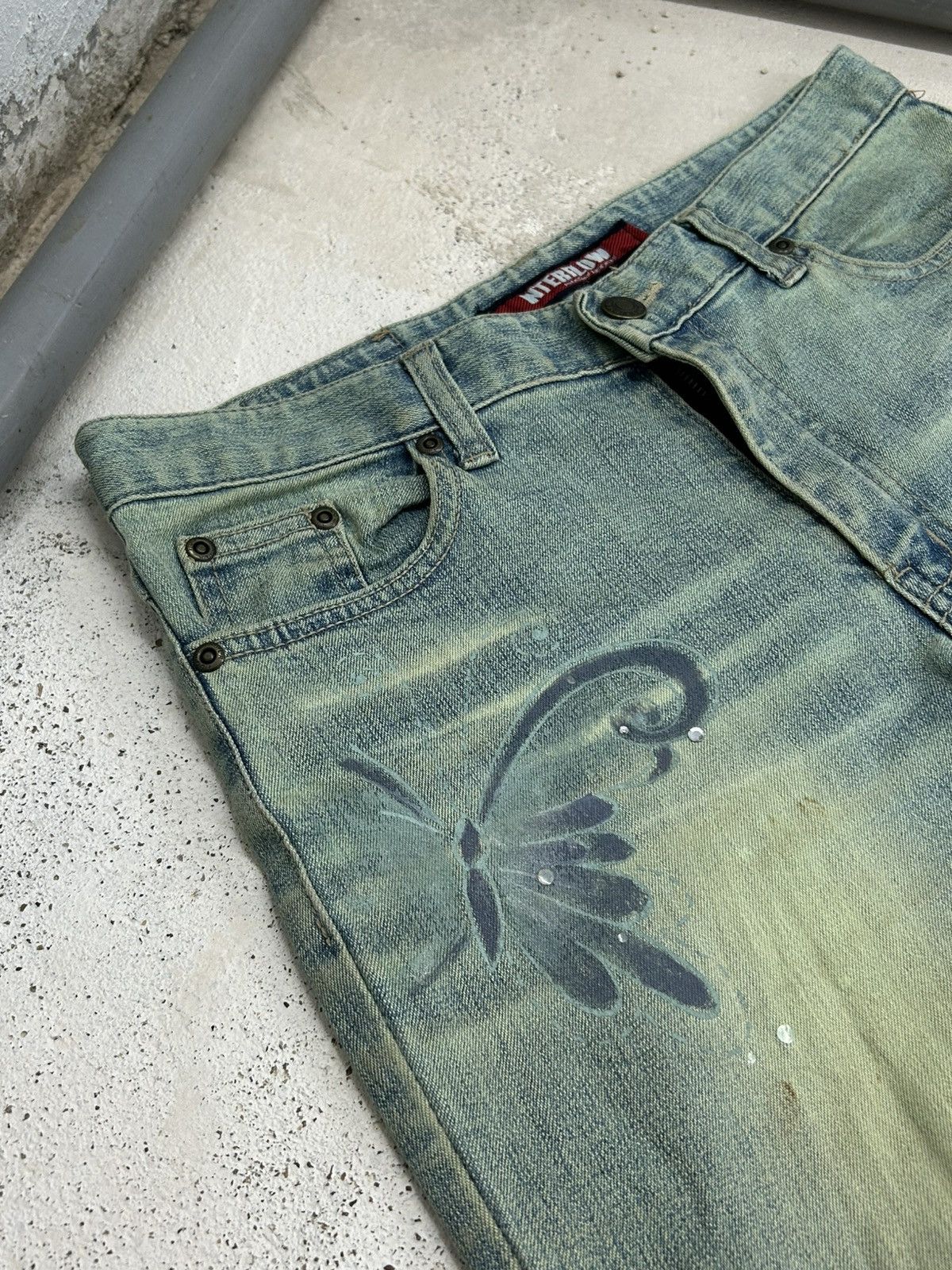 GOSTAR DE FUGA × Japanese Brand Interlow Unisex Jean Flare Mud Light Art Butterfly Paint Size US 29 - 10 Thumbnail