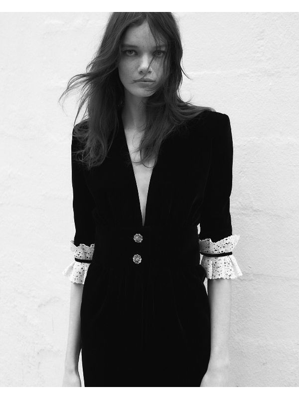Saint Laurent Paris o1b1hav110525 703780 V-Neck Midi Dress in Cupro Velvet Black Size XS / US 0-2 / IT 36-38 - 3 Thumbnail
