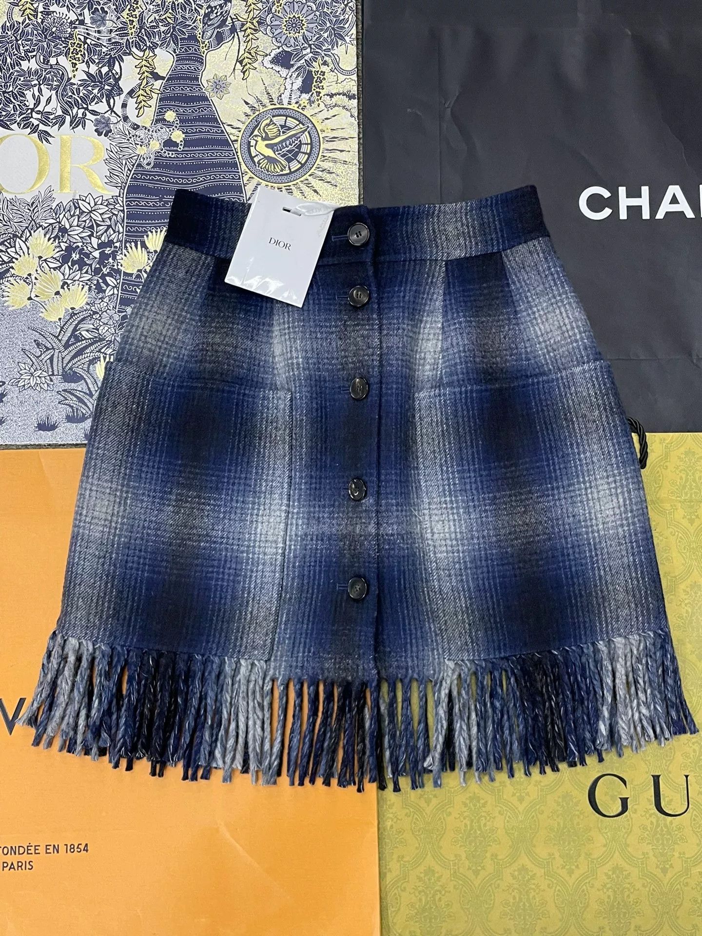 Dior Dior Blue Plaid Wool Fringe Skirt Size US 34 / EU 50 - 1 Thumbnail