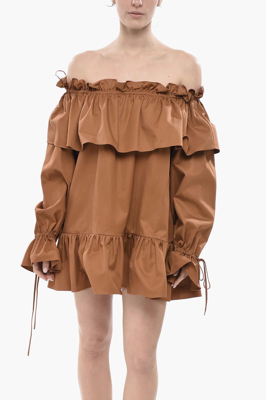 Saint Laurent Paris og1mm0326 Cotton Off-Shoulder Mini Dress in Brown Size S / US 4 / IT 40 - 4 Thumbnail