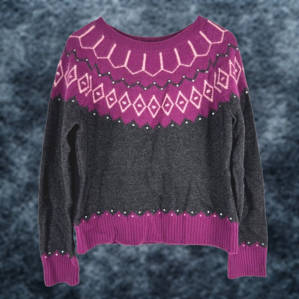Vintage CONTEXT Sweater Womens XL Gray VTG Wool Angora Blend Fair Isle Sequin Magenta Charcoal Size XL / US 12-14 / IT 48-50 - 1 Thumbnail
