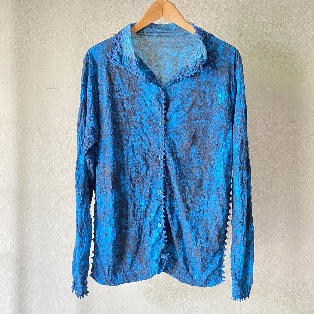 Issey Miyake Haat Blue Crinkle Textured Shirt/Ruffled High Neck Blouse Size XS / US 0-2 / IT 36-38 - 1 Thumbnail
