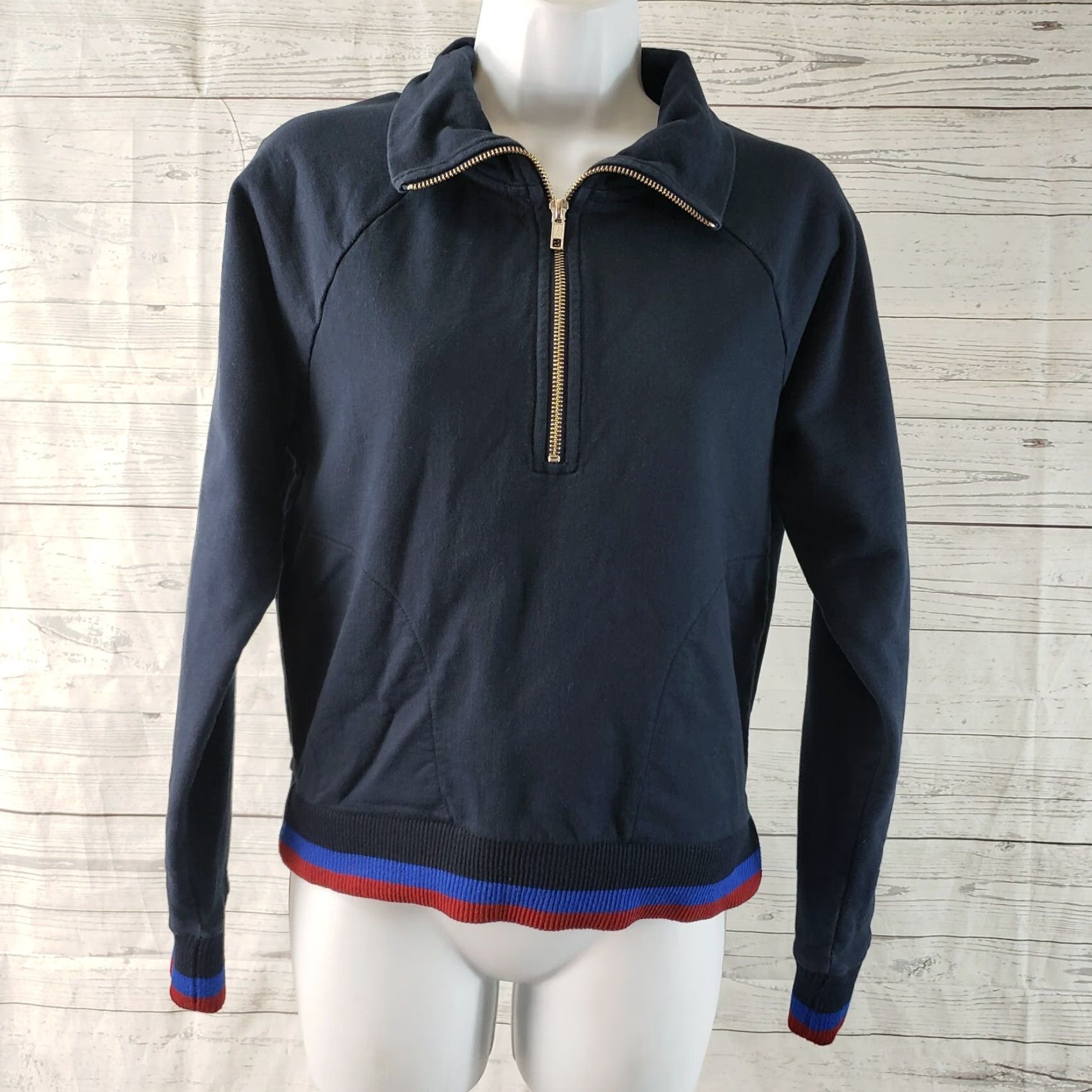 J.Crew VINTAGE J Crew Womens Half Zip Jacket Sport Stripe Sz Small Blue Red Cotton Size S / US 4 / IT 40 - 2 Thumbnail