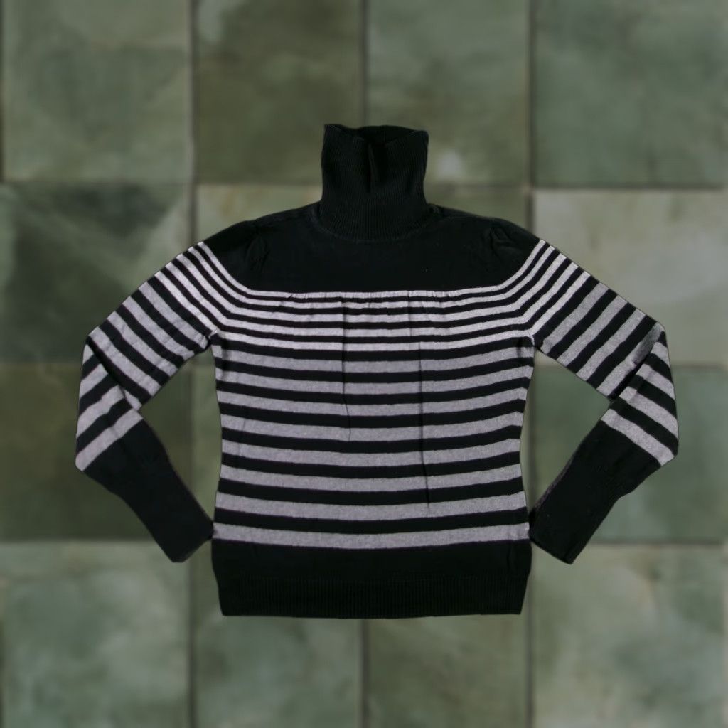 Vintage ANA Sweater Women M Petite Black Gray Striped Turtleneck Cashmere Blend Pullover Size M / US 6-8 / IT 42-44 - 1 Thumbnail