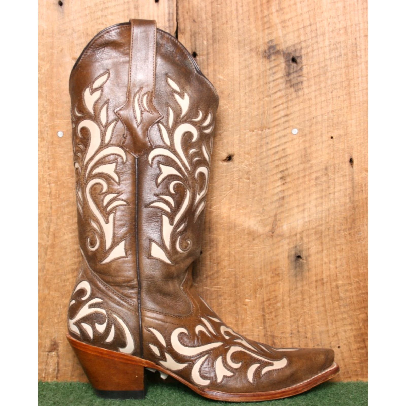 Vintage RL ROCKIN LEATHER Brown Beige Inlay 2.5" Wood Heel Western Cowgirl Boots Sz. 7B Size US 7 / IT 37 - 2 Thumbnail