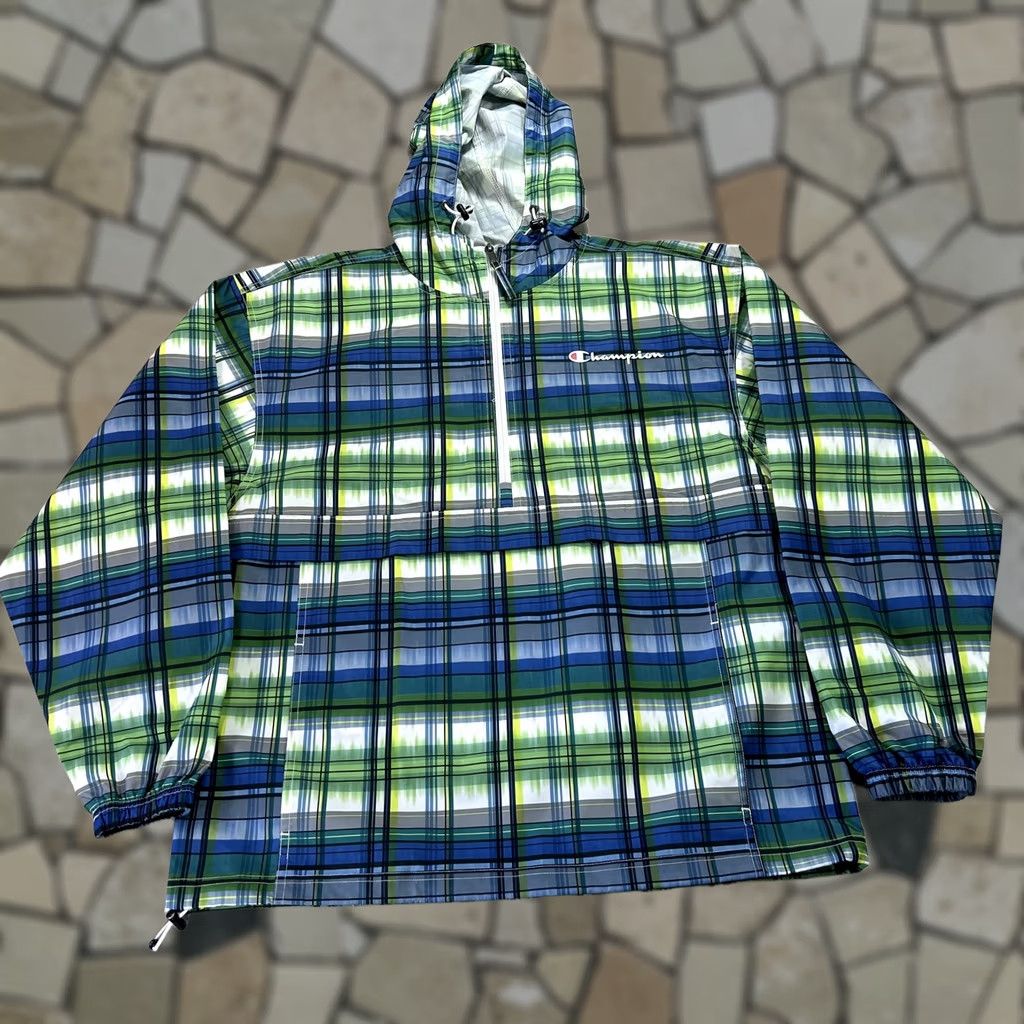 Champion Champion Windbreaker Jacket Mens M Blue Plaid Hooded 1/2 Zip Lightweight Pockets Multicolor Athletic Size US M / EU 48-50 / 2 - 1 Thumbnail