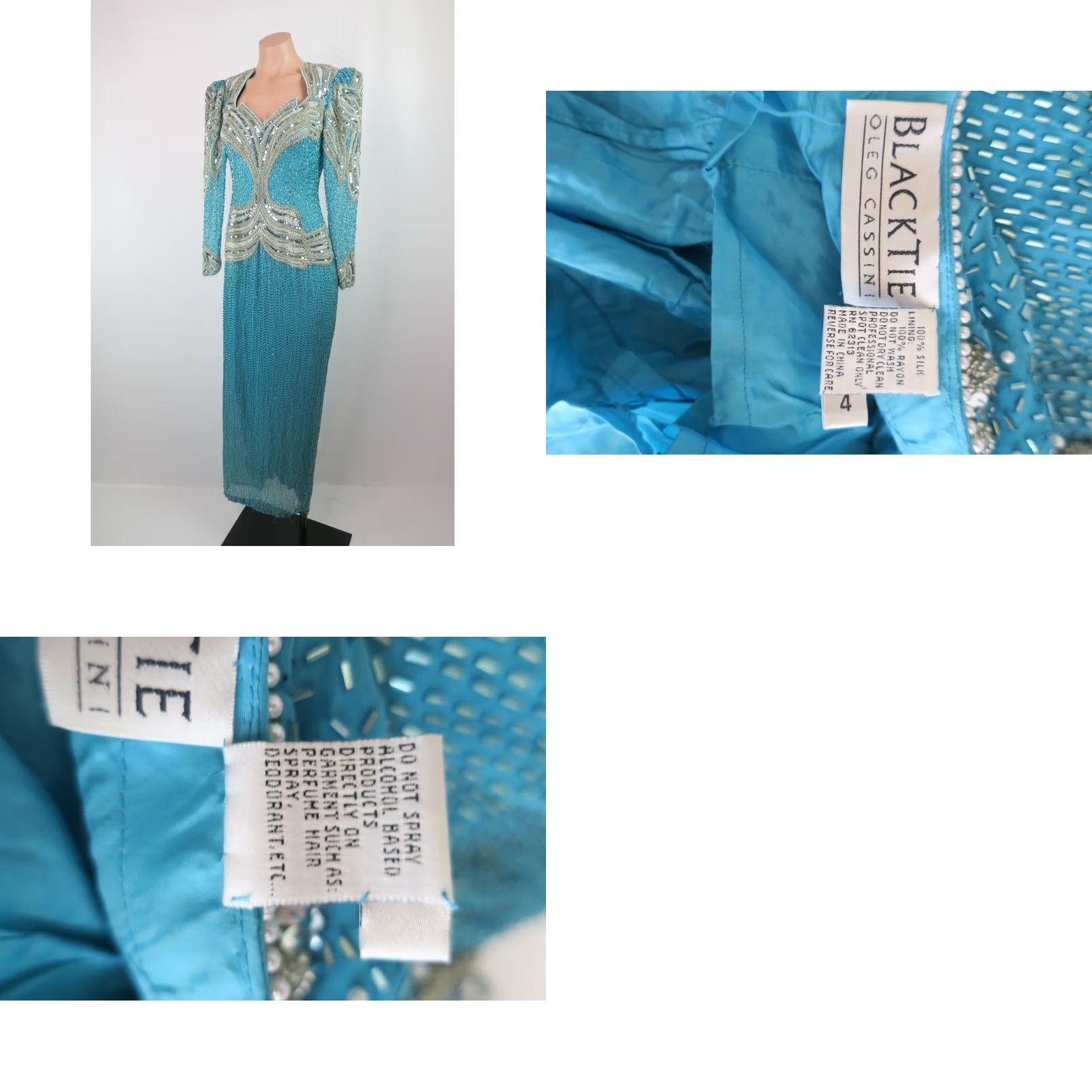 Oleg Cassini VTG Oleg Cassini Silk Beaded Backless Dress Formalwear Wedding Black Tie Sz 4 Blue 1980s Womens Dress Size S / US 4 / IT 40 - 8 Thumbnail