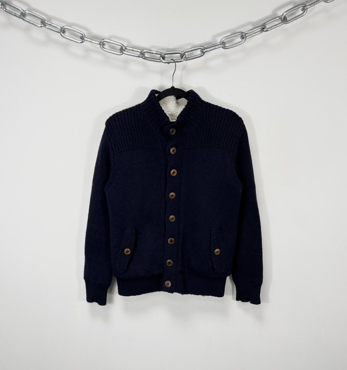 Hartford Men’s Navy Blue Sherpa Lined Wool Cardigan Jacket