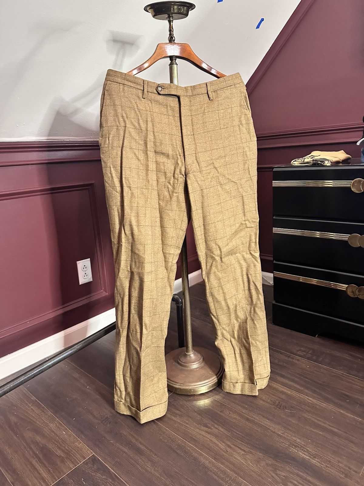 Bullock & Jones Vintage tan check heavy wool Italian cuffed pants Size US 35 - 1 Thumbnail