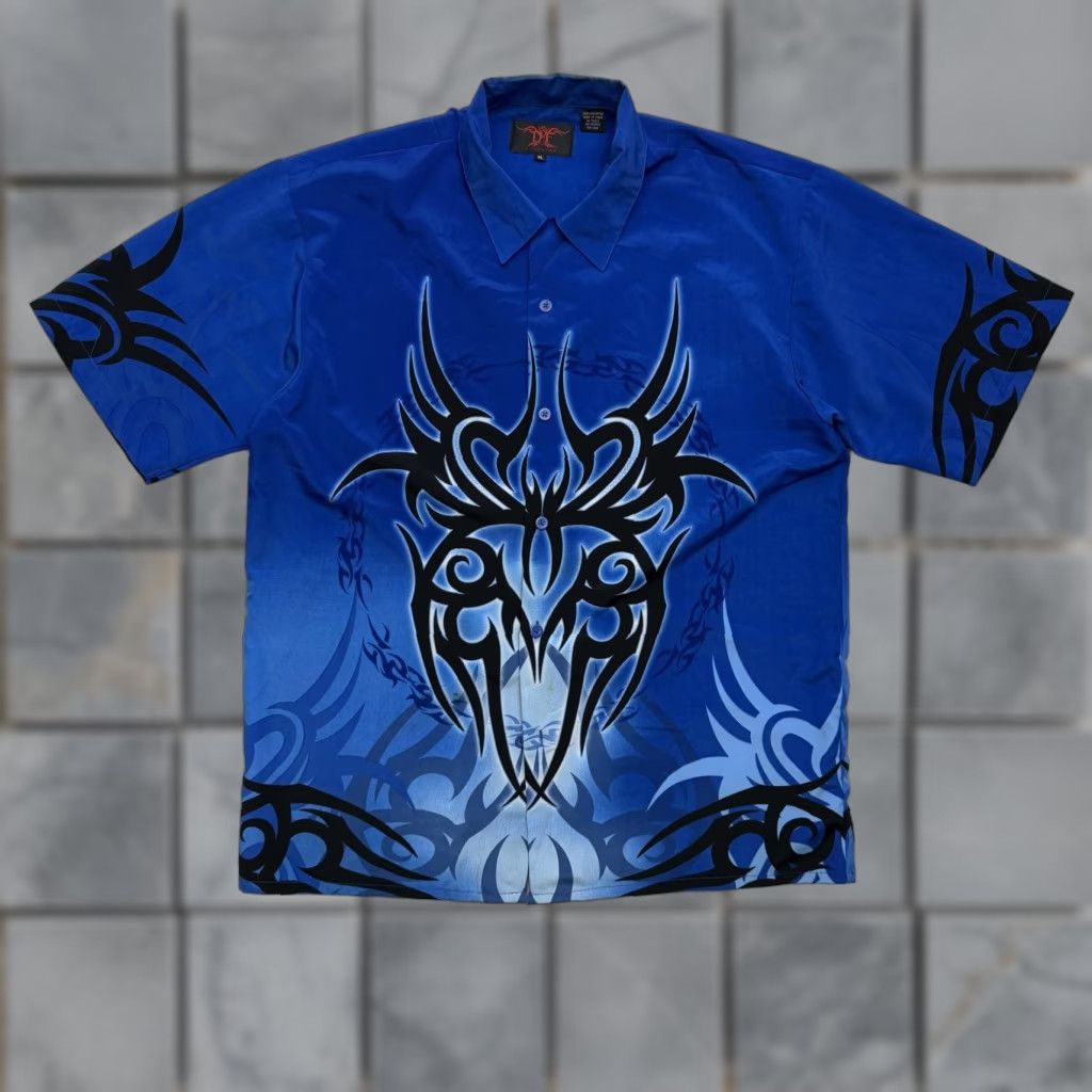 Vintage VINTAGE Dragon Fly Clothing Shirt Mens XL Blue Tribal Tattoo Graphic Button Up Size US XL / EU 56 / 4 - 1 Thumbnail