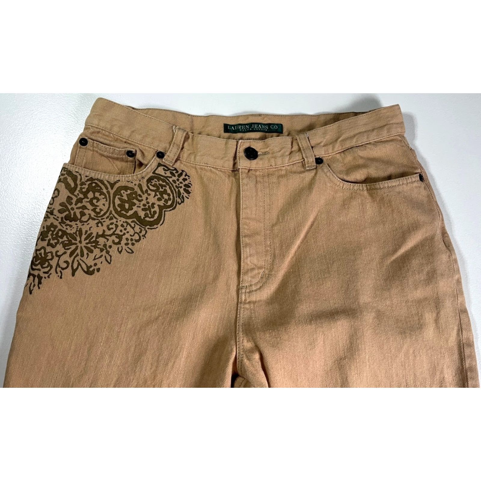 Ralph Lauren VINTAGE Lauren Ralph Lauren Women's Floral Stencil Flared Jeans Sz 8 Tan 90s Boho Jeans Size 30" / US 8 / IT 44 - 4 Thumbnail