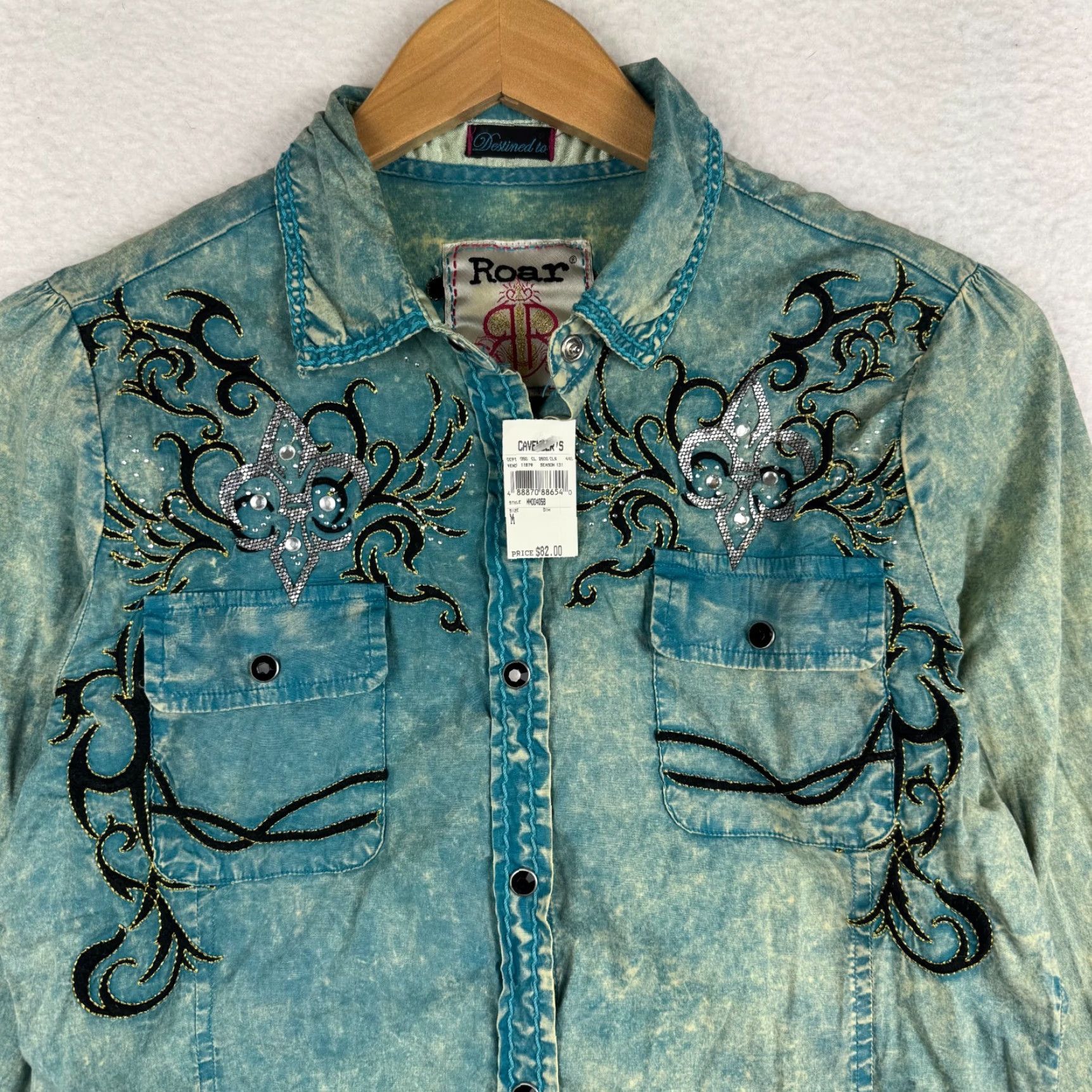 Roar ROAR Womens Medium Overdyed Grunge Rhinestone Embroidered Pearl Snap Shirt Size M / US 6-8 / IT 42-44 - 4 Thumbnail