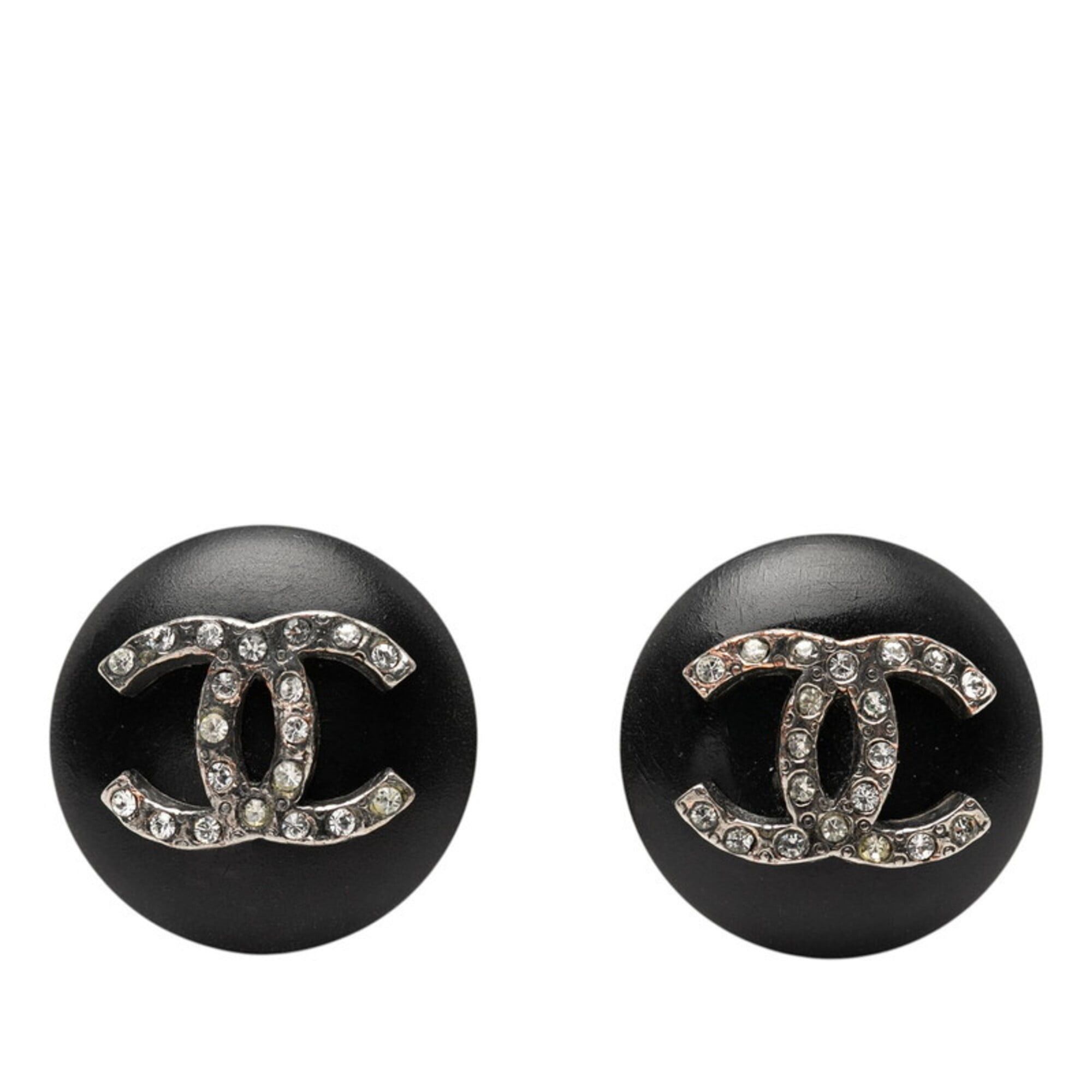 Chanel Chanel Coco Mark Round Earrings, 96A Stamp, Vintage Black Metal Rhinestone Plastic, Women's CHANEL Size ONE SIZE - 1 Thumbnail