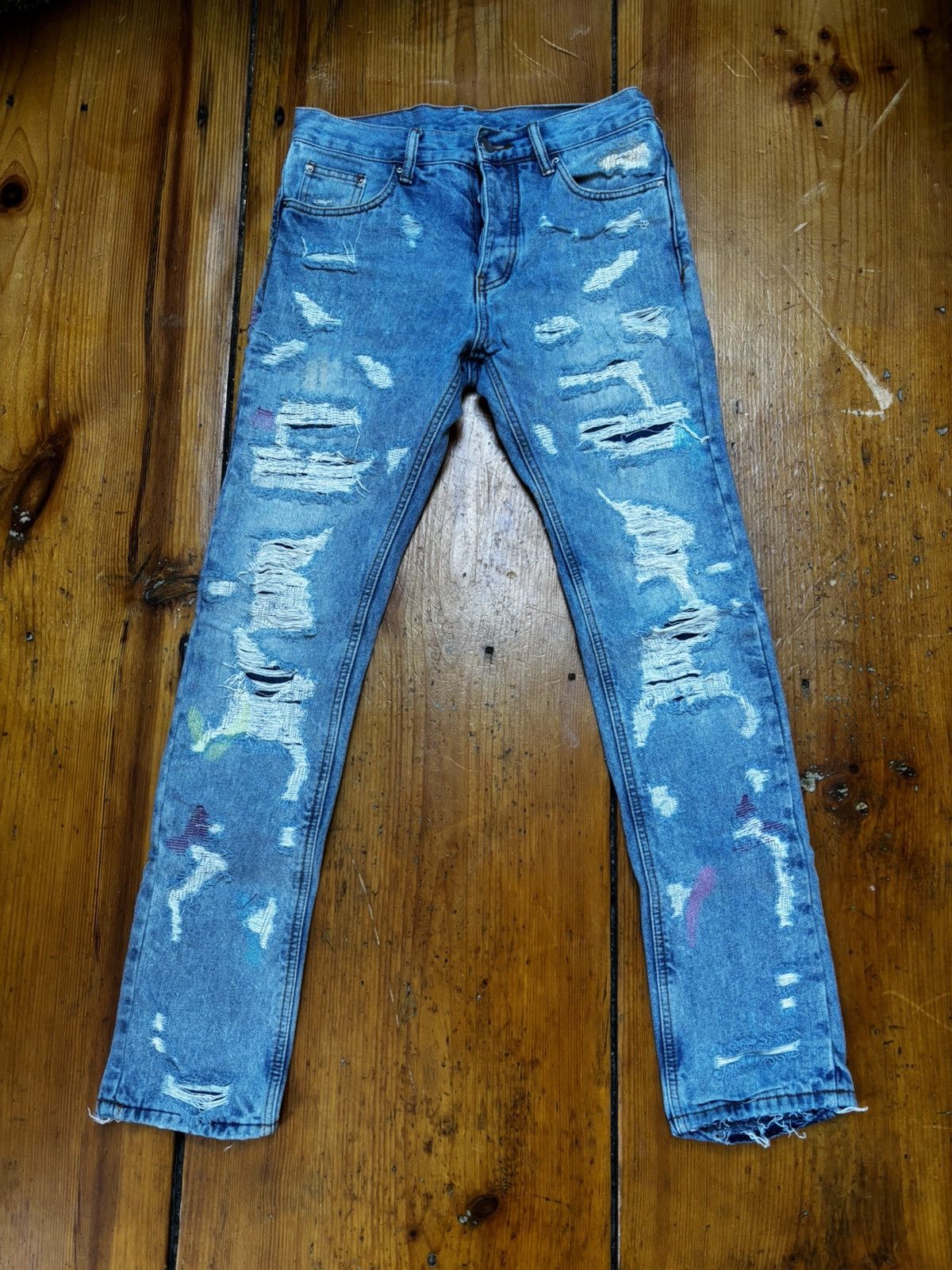 MNML Mnml distressed patch multi color light wash denim jeans Size US 30 / EU 46 - 1 Thumbnail