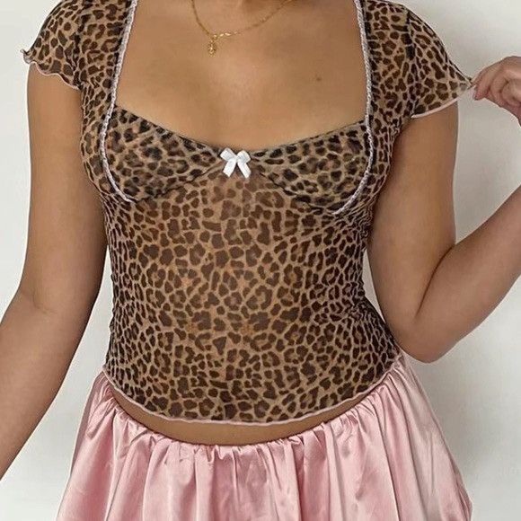 Vintage Leopard Print Lettuce Trim Semi-sheer Tulle Crop Top Blouse Size S / US 4 / IT 40 - 3 Thumbnail