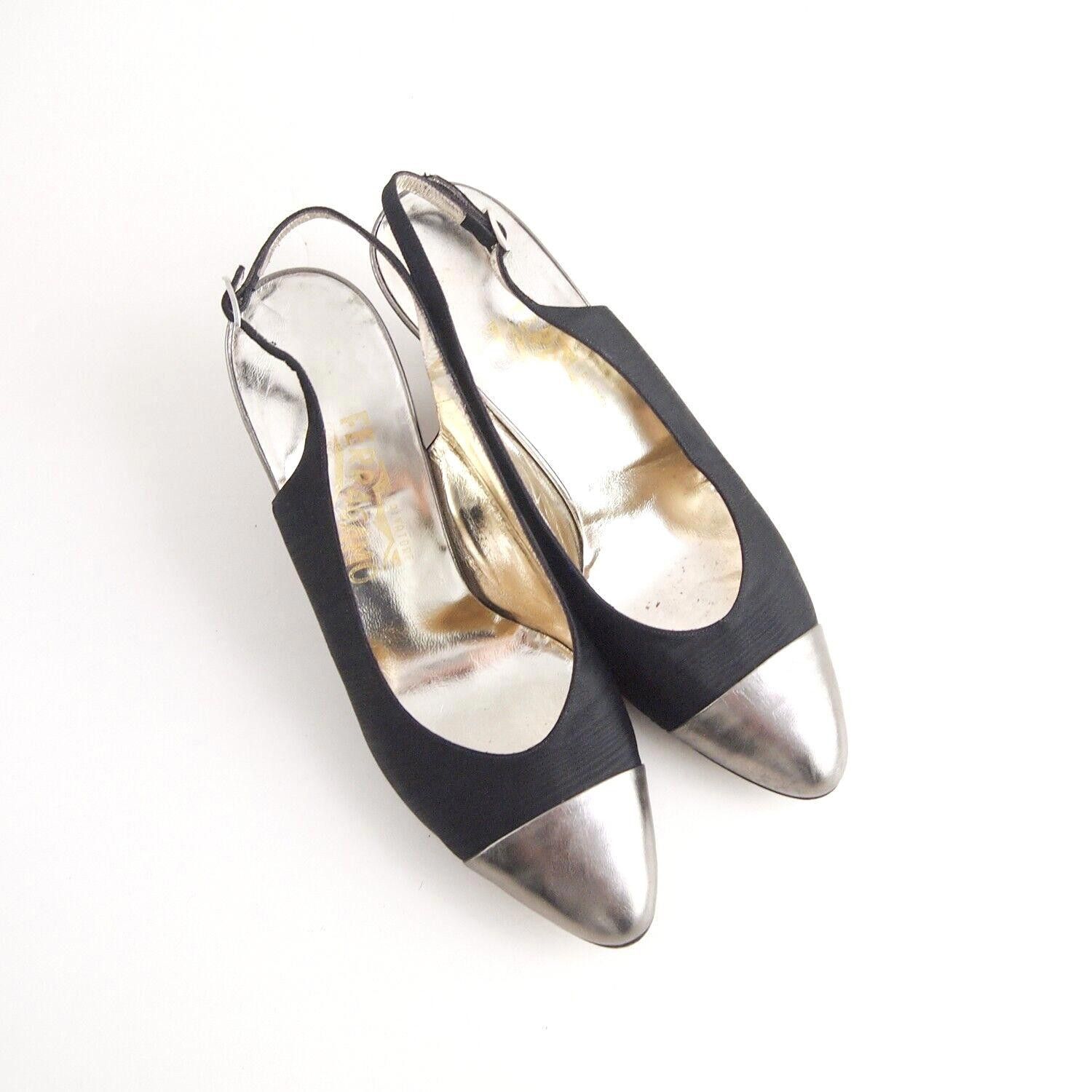 Salvatore Ferragamo Ferragamo Slingback Sandals Black Canvas Silver Cap Tee US 8 Size US 8 / IT 38 - 1 Thumbnail