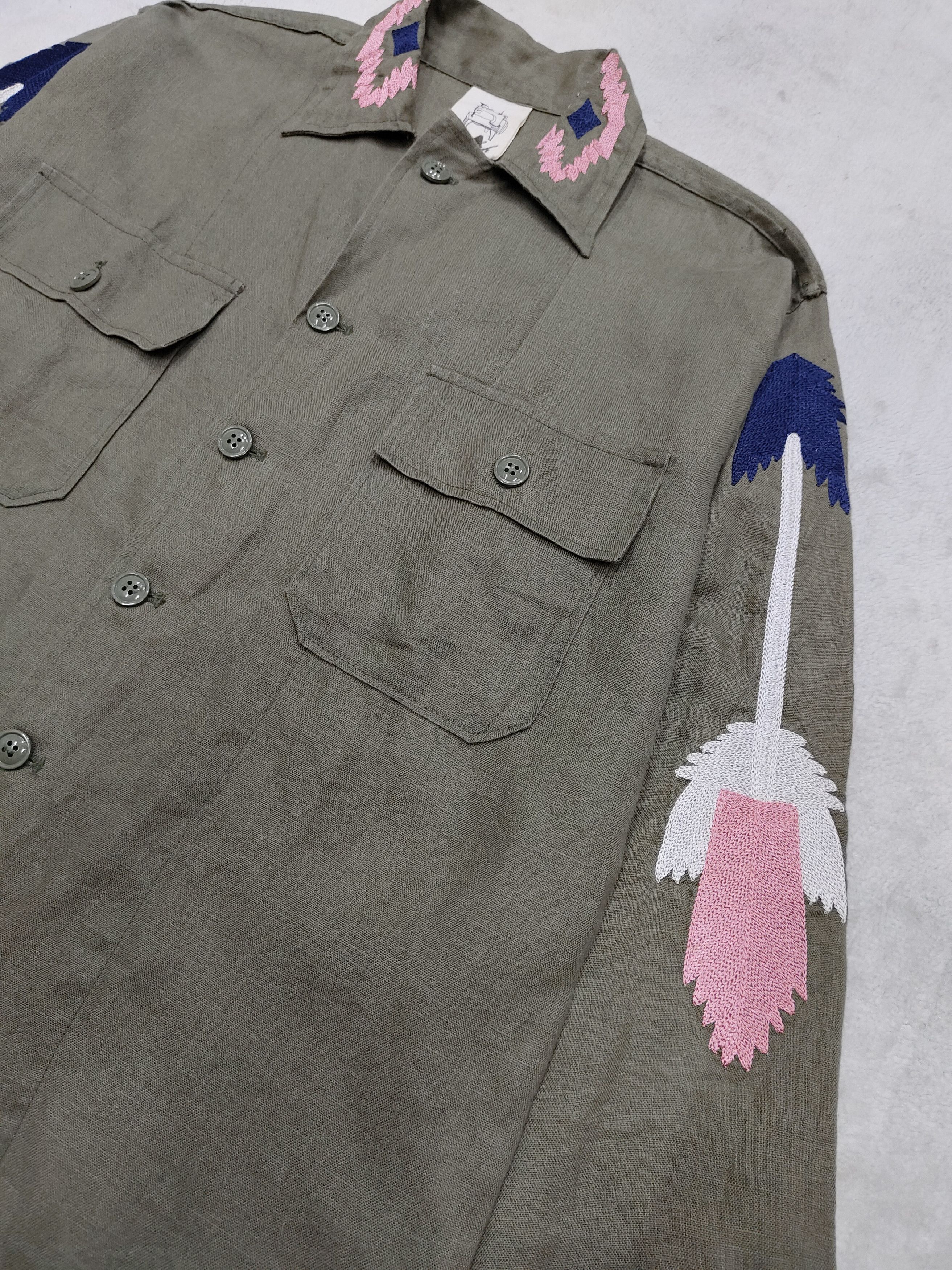 Vintage Youlah Chimayo Embroidered Linen Army Shirt Size US M / EU 48-50 / 2 - 4 Thumbnail