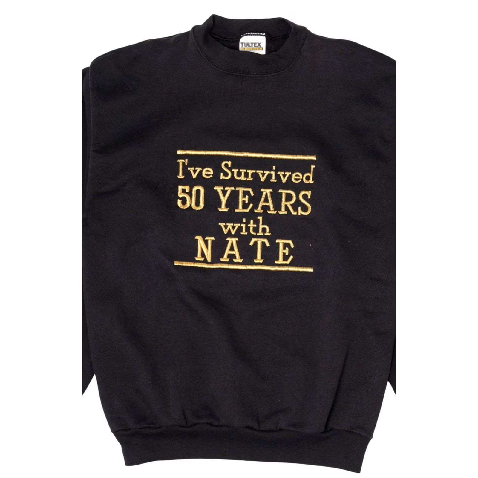 Tultex VINTAGE Embroidered "I Survived 50 Years With Nate" Tultex Raglan Sweatshirt Mens Medium Black 1990s Size US M / EU 48-50 / 2 - 5 Thumbnail
