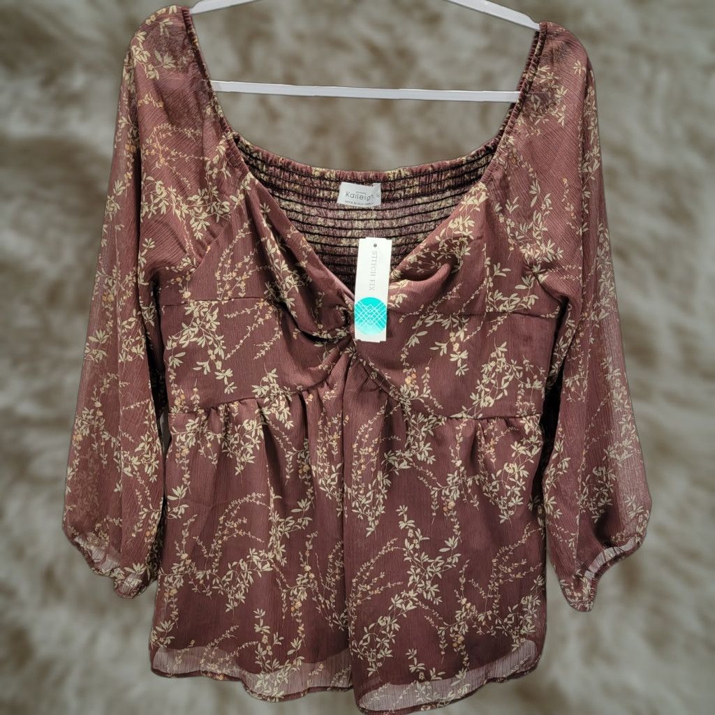 Vintage Kaileigh Floral Blouse Shirt Deep V-Neck Knot Front XL NWT Womens Polyester Sheer 3/4 Sleeve Brown Size XL / US 12-14 / IT 48-50 - 1 Thumbnail