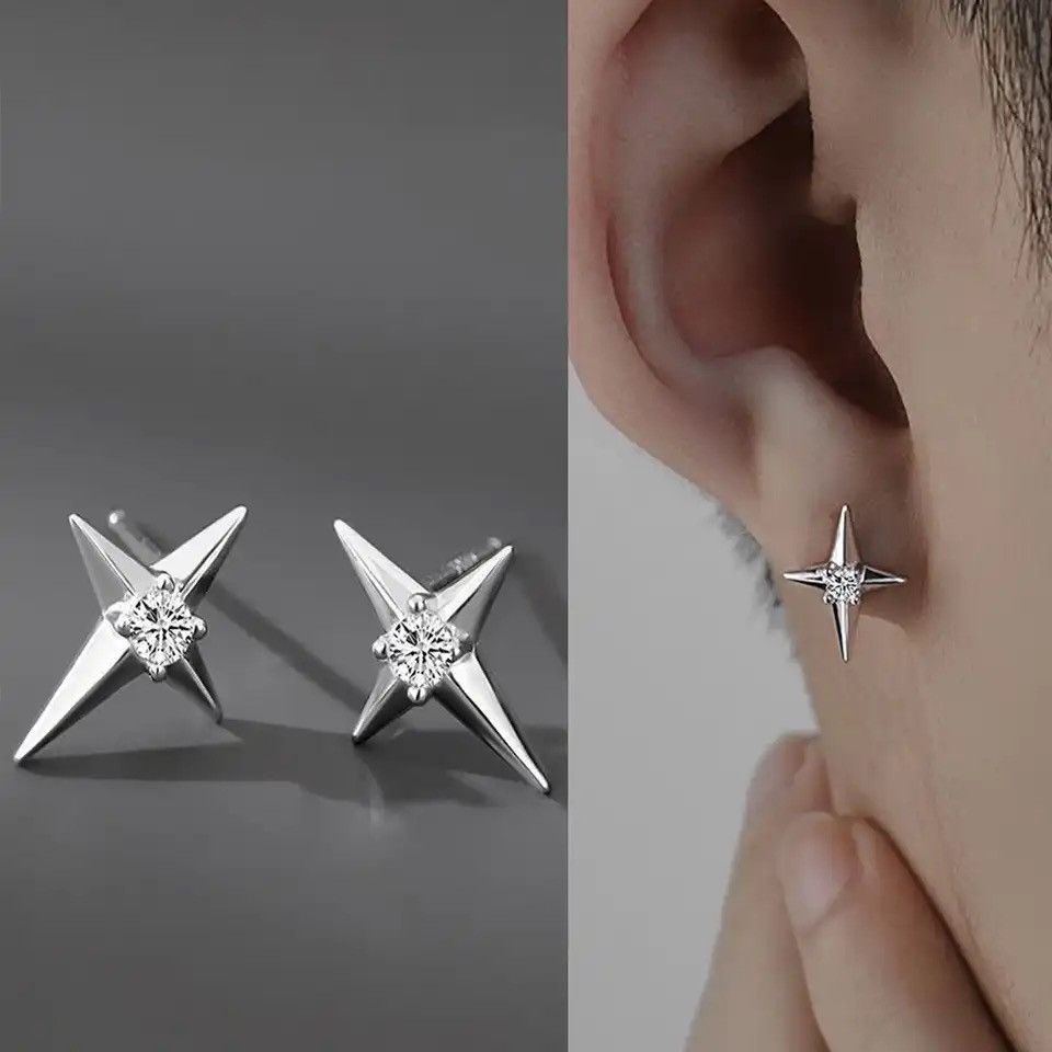 Designer × Jewelry 925 Silver Plated CZ Star Stud Earrings for Men Women Size ONE SIZE - 1 Thumbnail