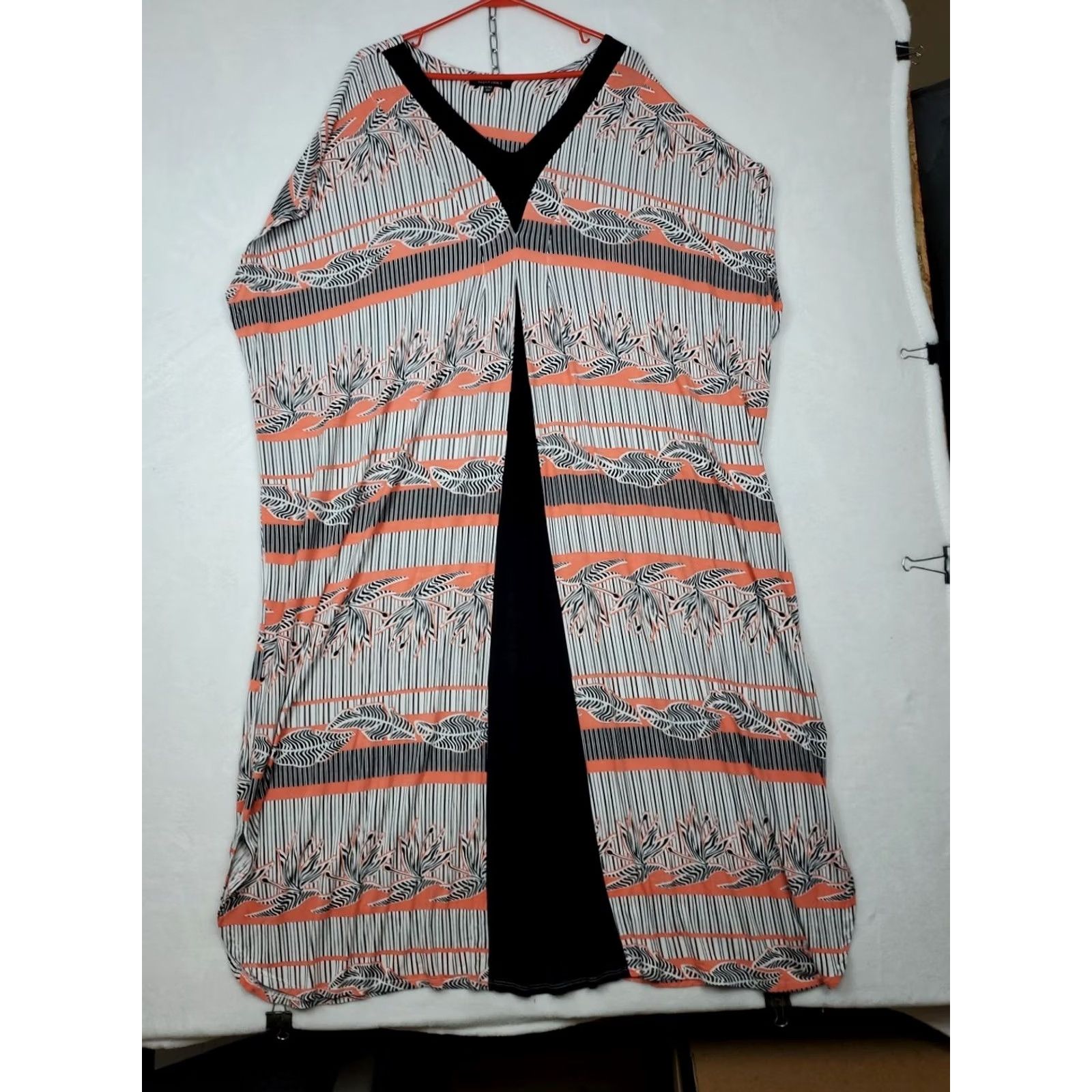 Ellen Tracy Ellen Tracy Women's Dress A-Line Maxi Kaftan V-Neck Cap Sleeve Multicolor Stripes & Floral Casual Formal L XL Coral Black Size L / US 10 / IT 46 - 4 Thumbnail