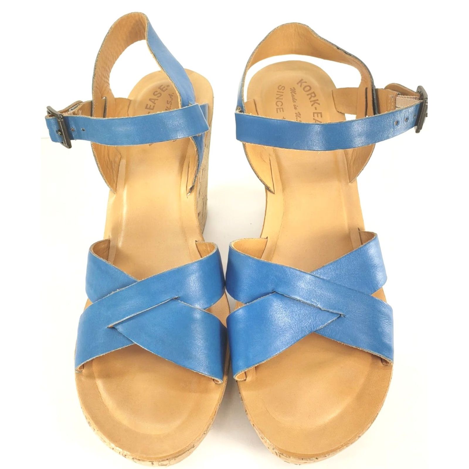 Vintage VINTAGE Kork-Ease Sandal Women’s 9 Blue Leather Crossover Slingback Cork Wedge Size US 9 / IT 39 - 3 Thumbnail