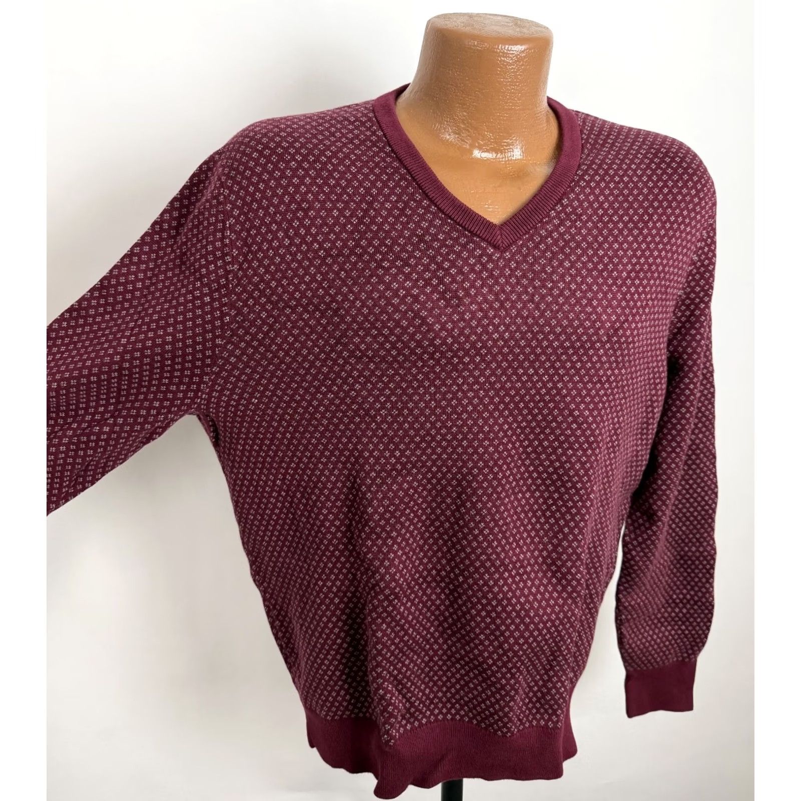 Lands' End Lands' End Mens Large Burgundy V-Neck Supima Cotton Knit Geometric Pullover Sweater Shirt Size US L / EU 52-54 / 3 - 4 Thumbnail